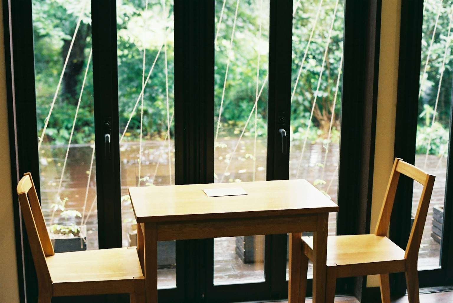Conjunto de mesa y sillas de madera con vista a la vegetación fuera de la ventana