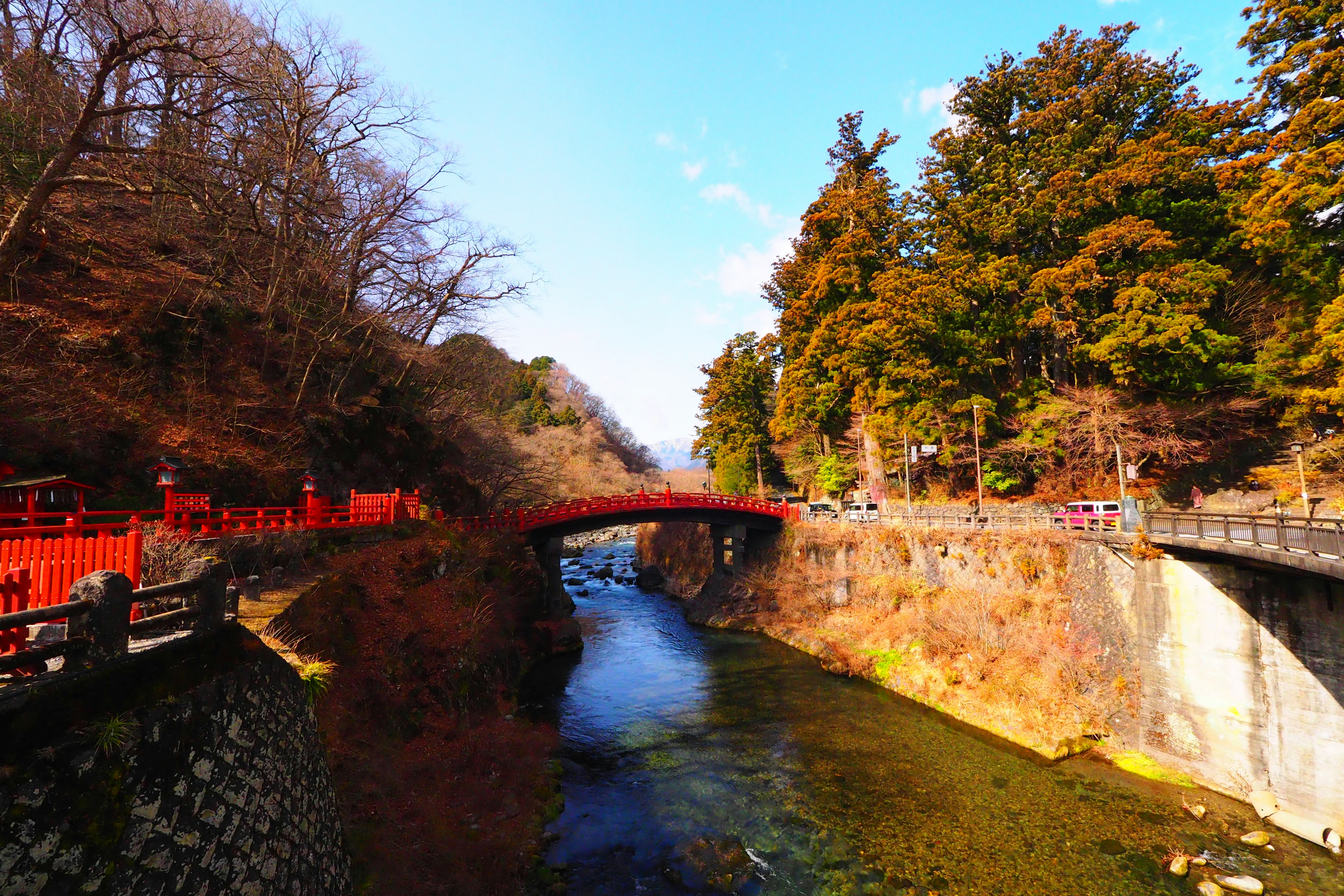 紅葉の並木と川に架かる石造りのアーチ橋の風景