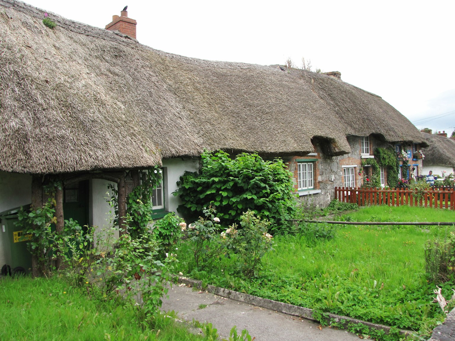 Cottages traditionnels à toit de chaume alignés le long d'une zone herbeuse