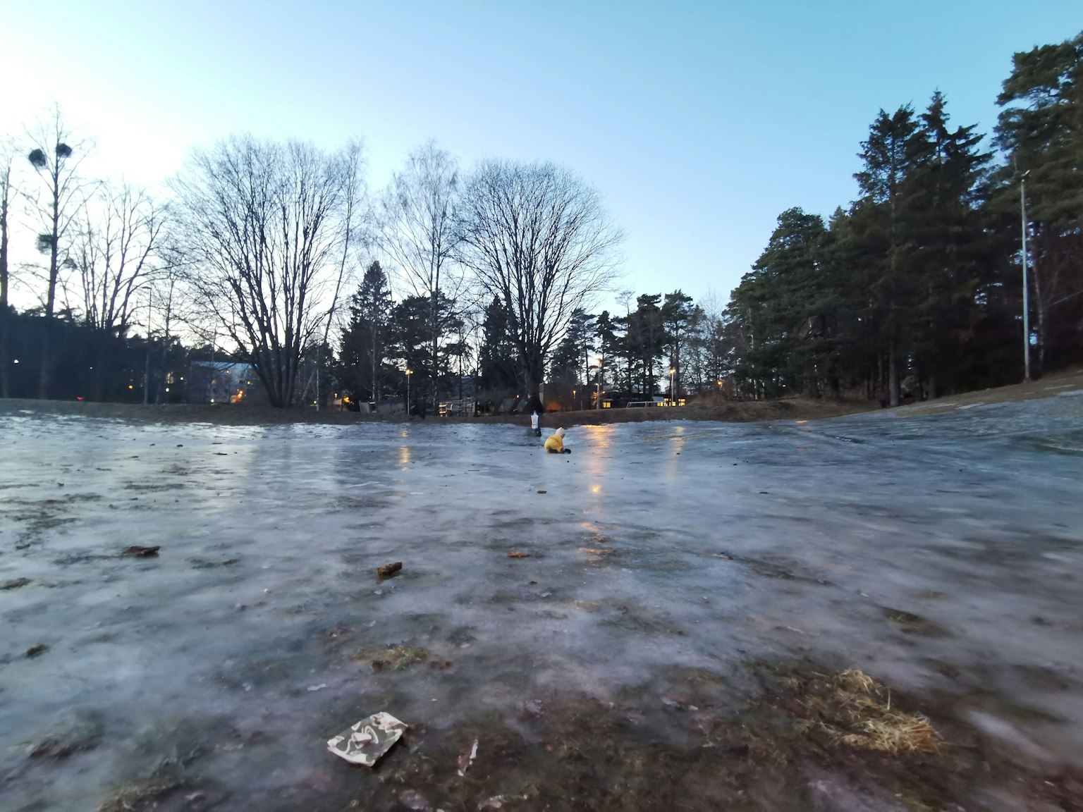 Persona in piedi sul ghiaccio con paesaggio invernale