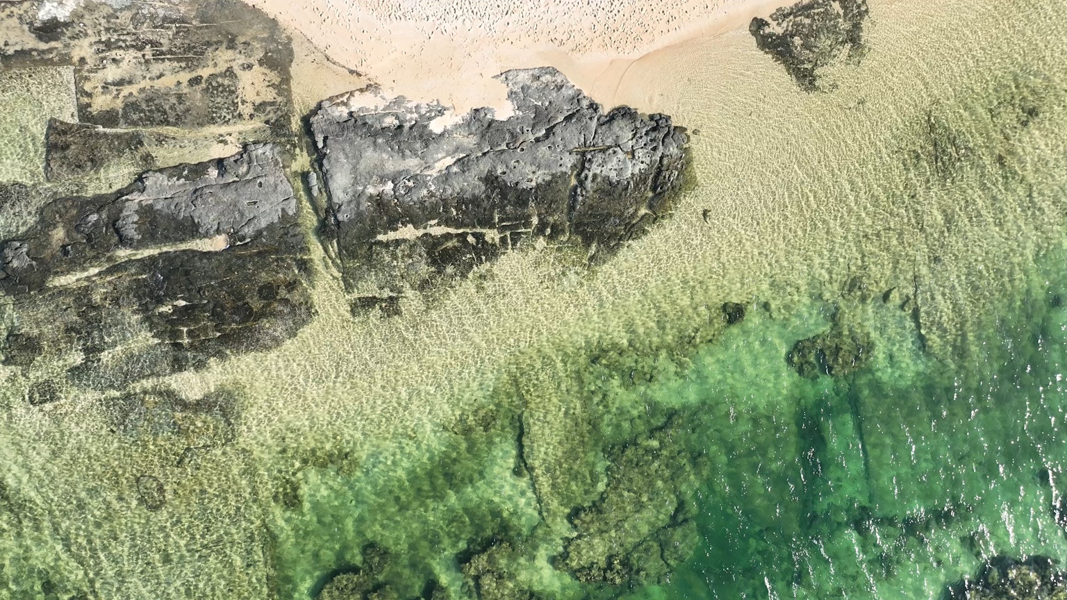 Luftaufnahme einer Küste mit grünem Wasser Sandstrand und Felsen