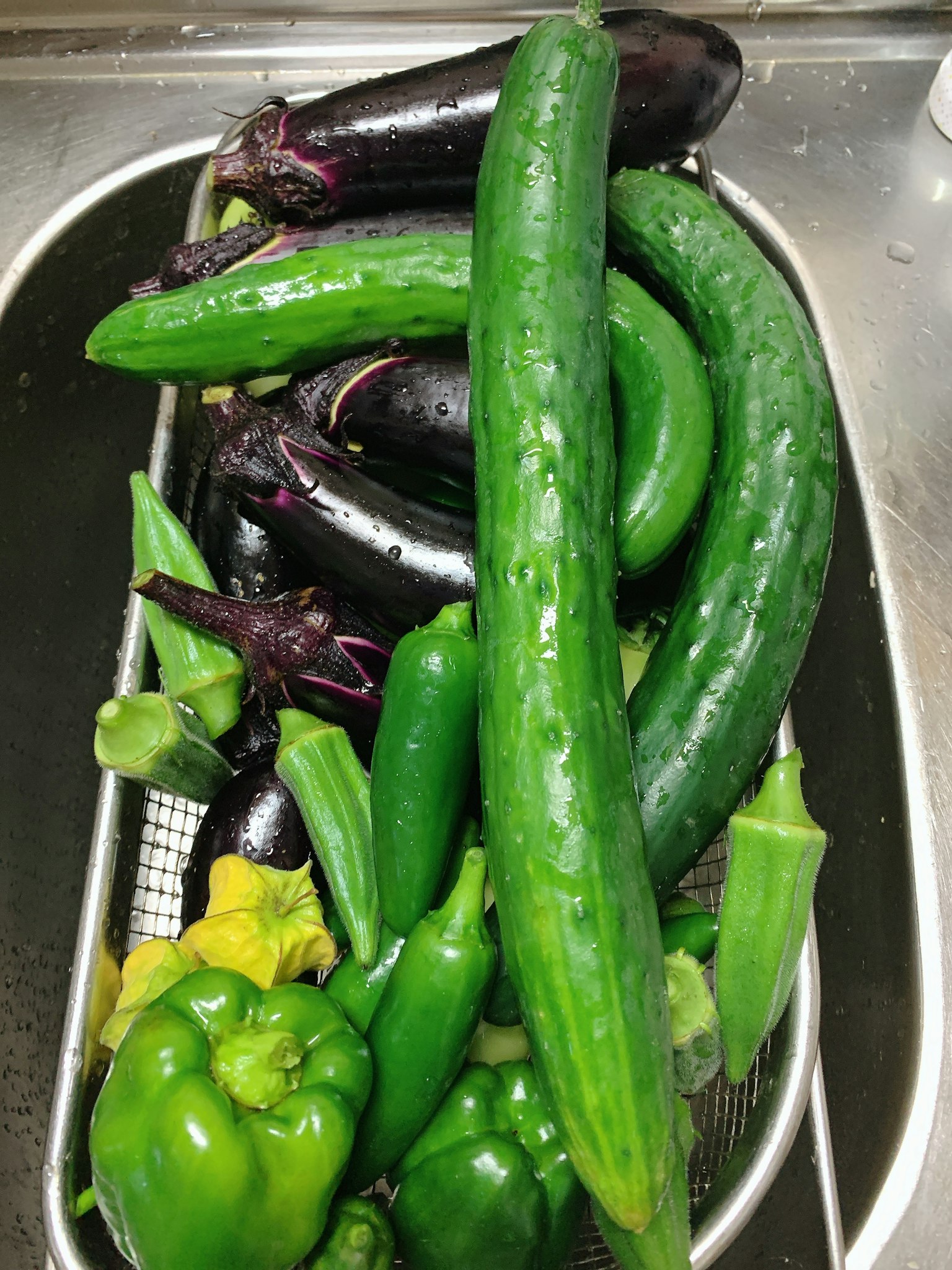 Verduras frescas en un fregadero incluyendo pepinos berenjenas y pimientos