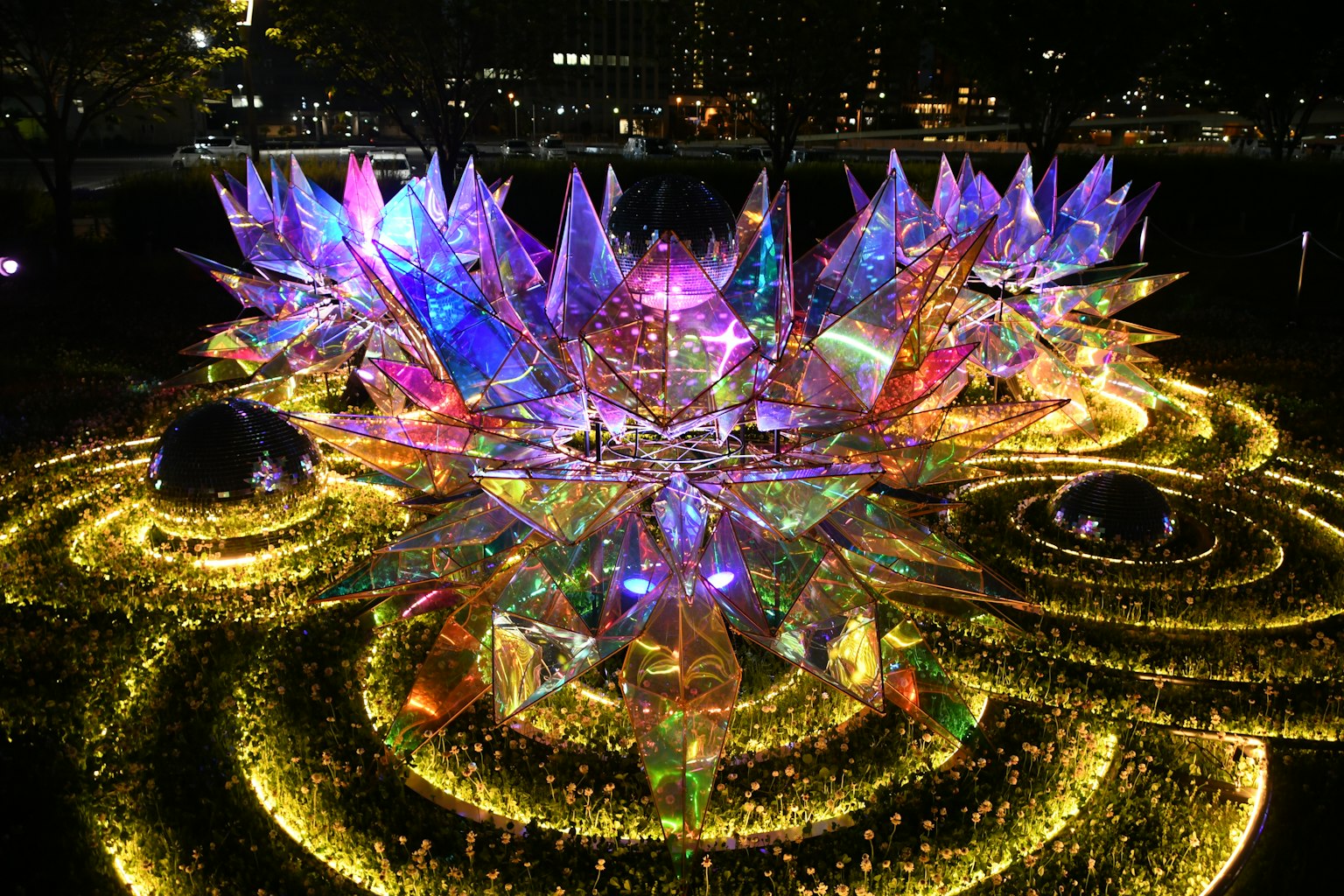 Installazione artistica floreale illuminata e colorata di notte