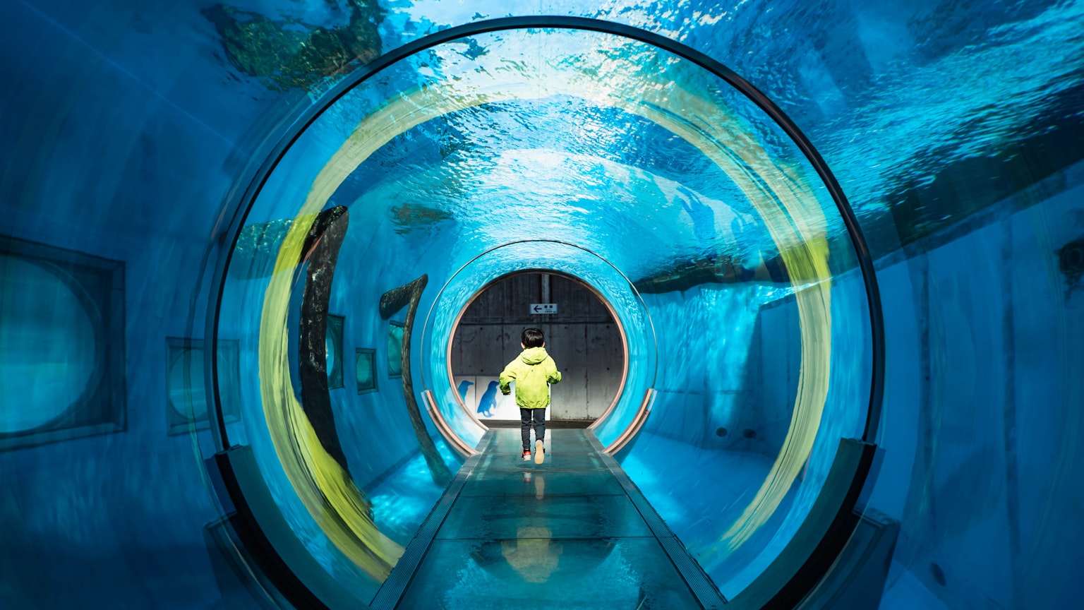 Persona che cammina attraverso un tunnel subacqueo circolare con acqua blu