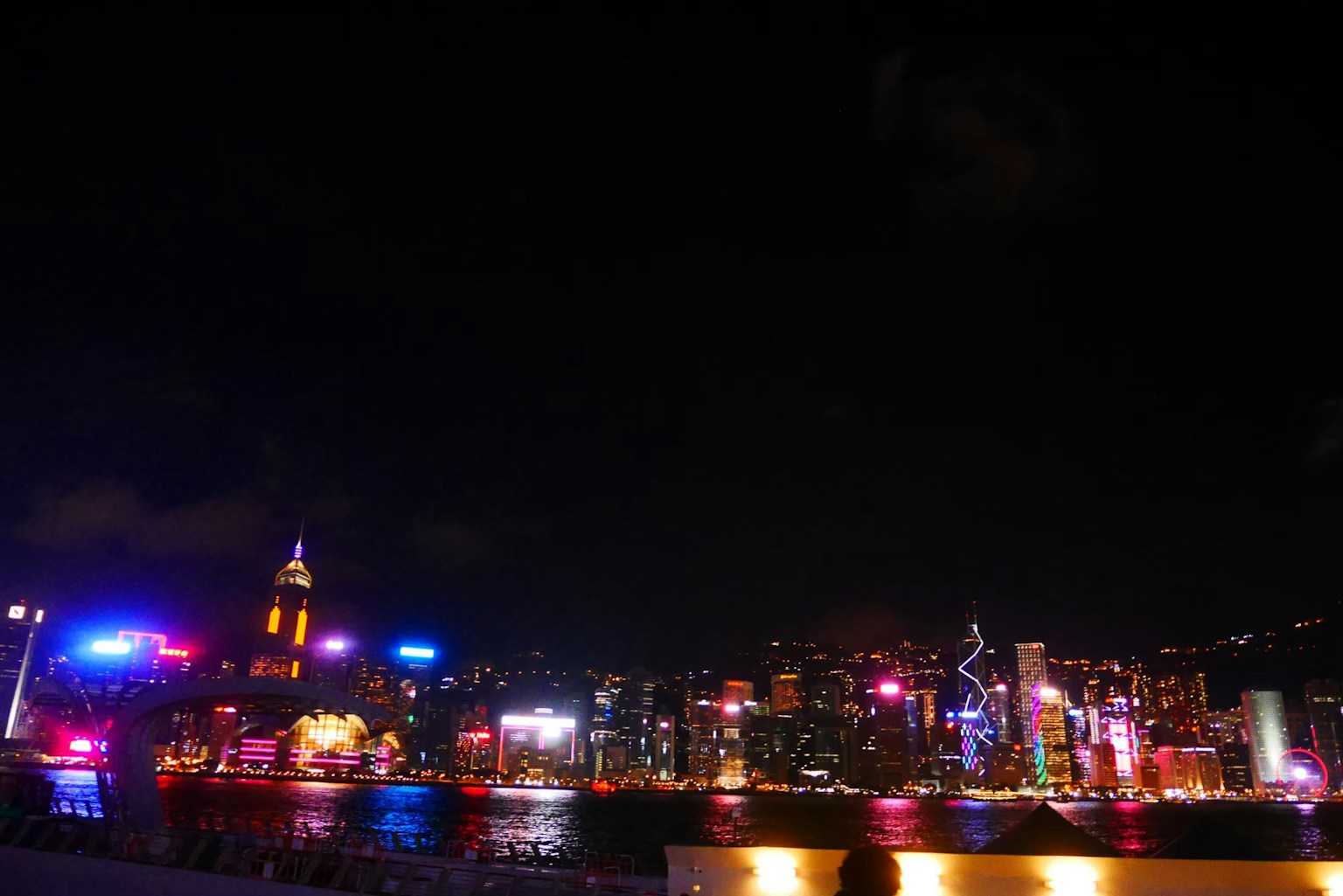 Skyline di Hong Kong di notte con luci colorate e silhouette di edifici che si riflettono nel porto di Victoria