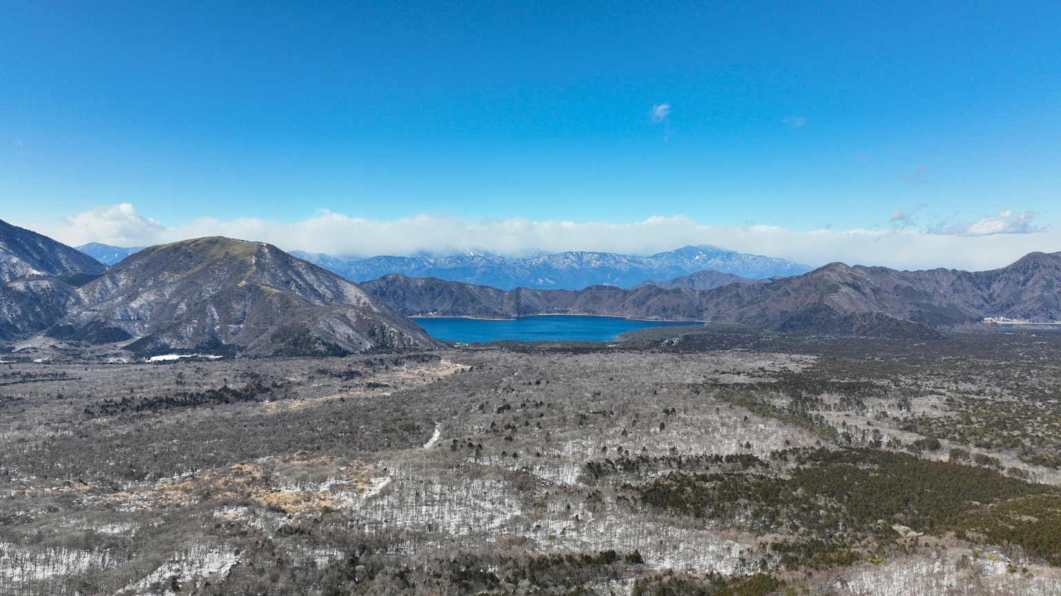 廣闊的風景和藍色湖泊的全景