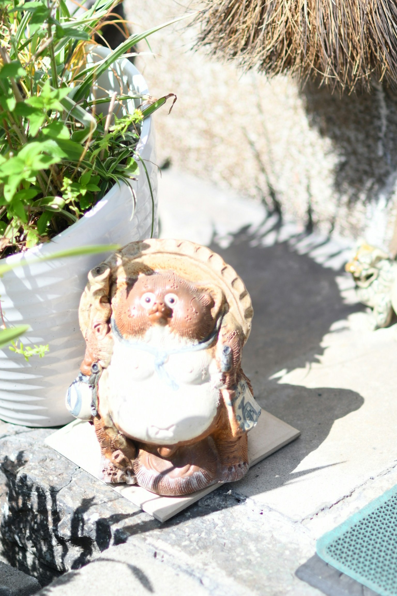 Estatua de mapache de cerámica como decoración de jardín con maceta