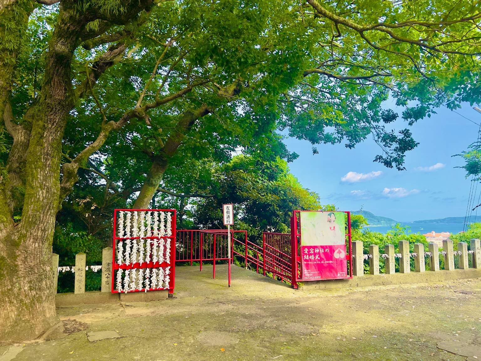 Una vista escénica con una puerta roja rodeada de árboles verdes y una cerca blanca