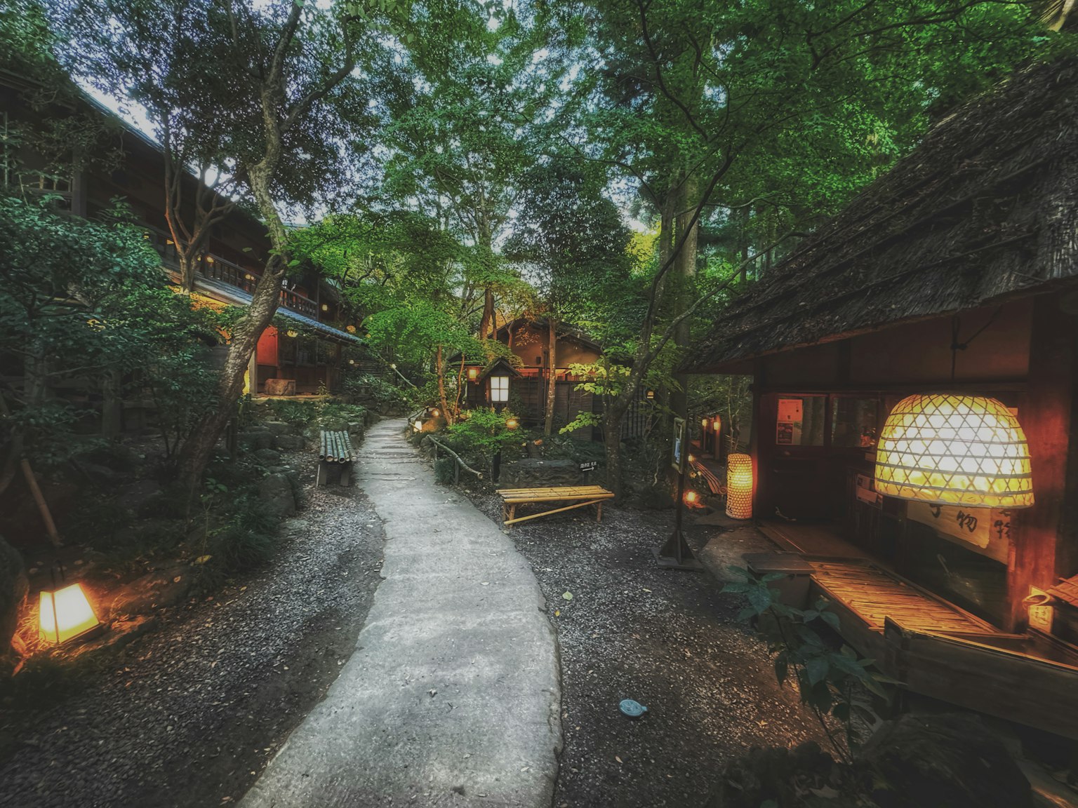 Serene path surrounded by greenery with traditional Japanese buildings