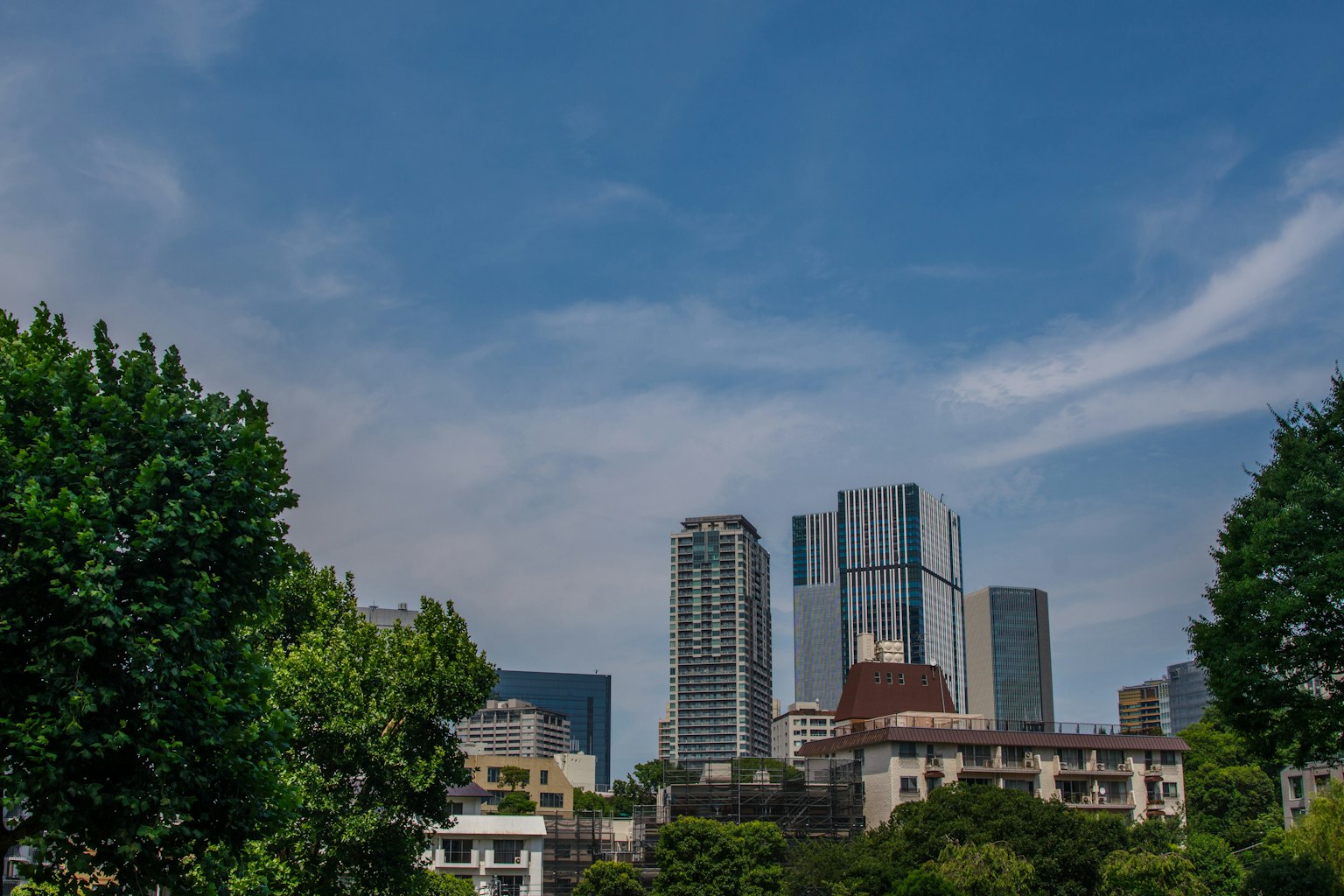 Garis langit kota dengan gedung pencakar langit di bawah langit biru dan pohon hijau di latar depan
