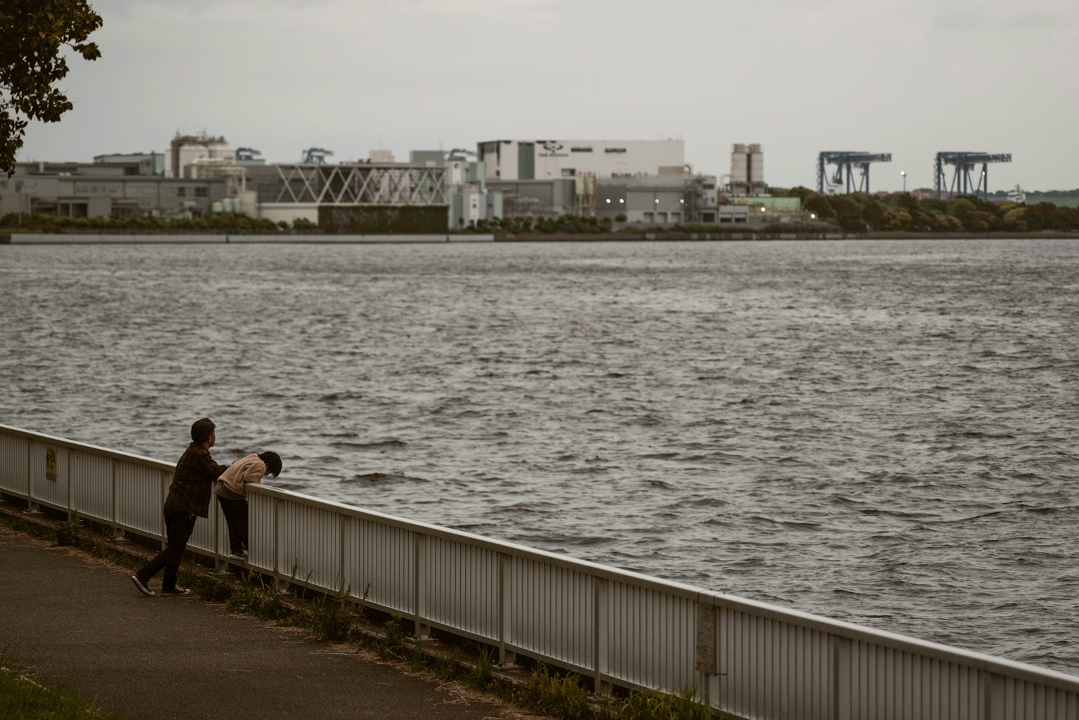 Persone che godono della vista vicino al fiume con uno skyline urbano sullo sfondo