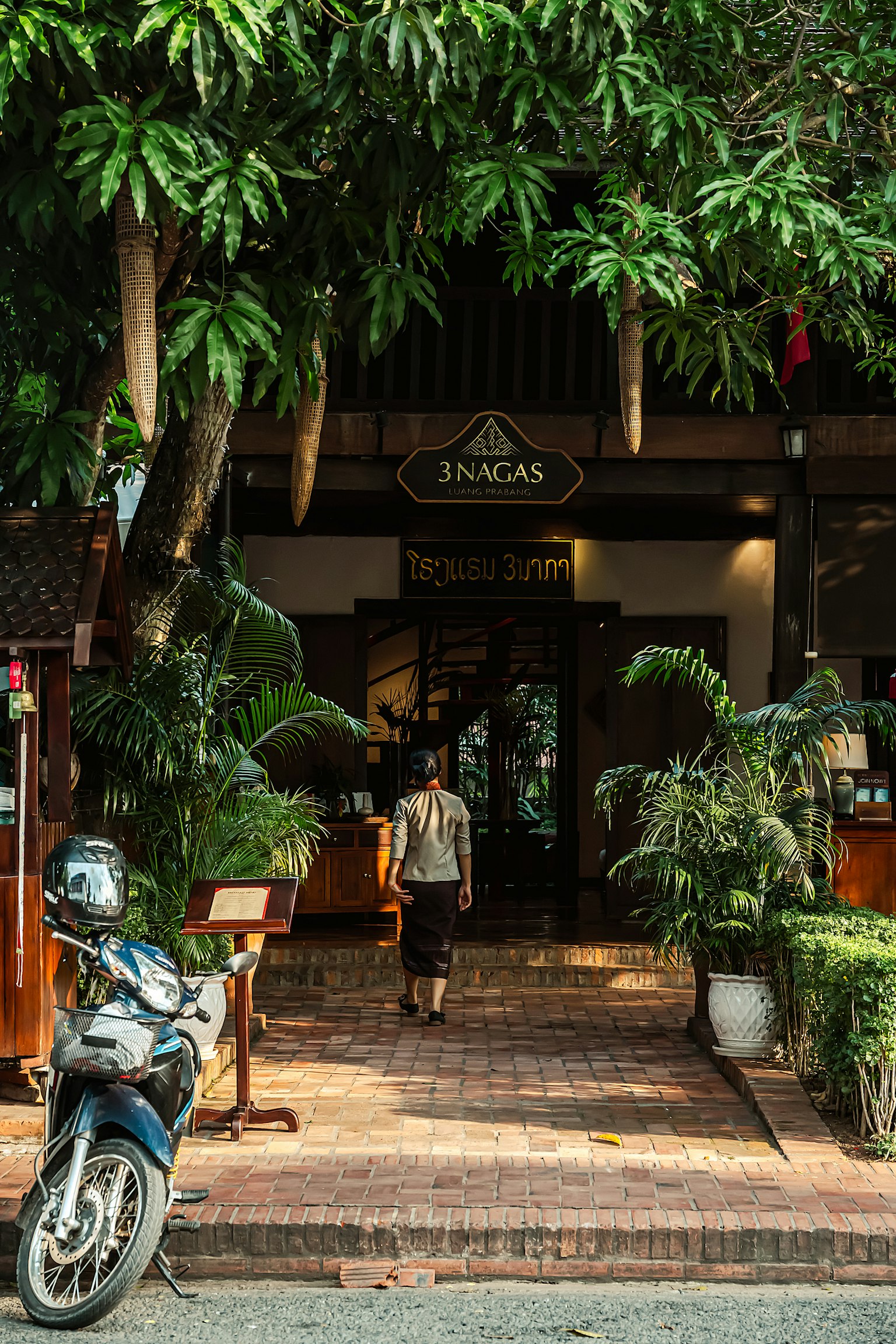 Femme marchant vers l'entrée d'un restaurant entourée de verdure luxuriante