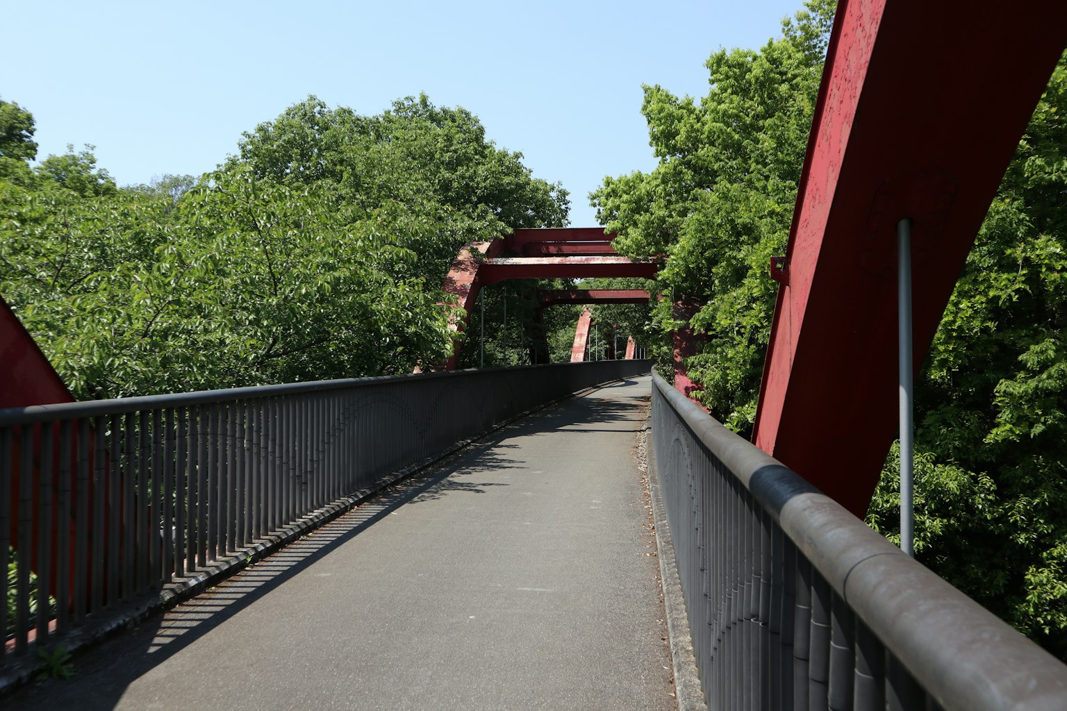 Passerelle entourée d'arbres verts avec une structure de pont rouge