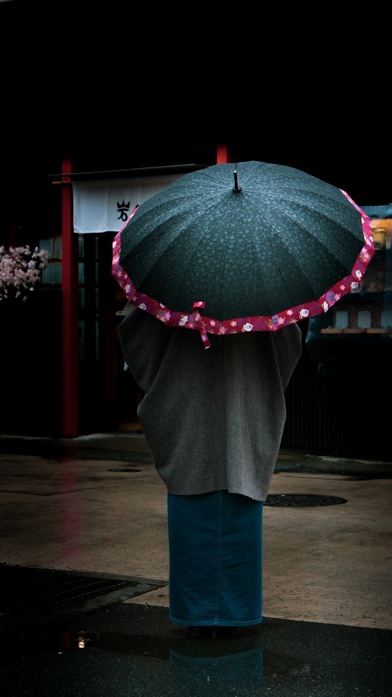 一个人手持大伞站在雨中