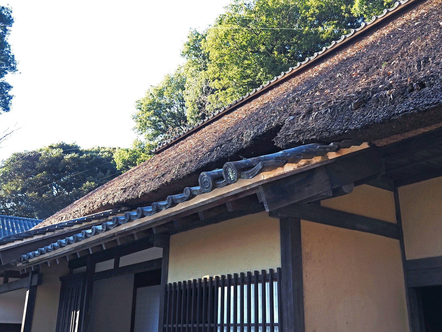 传统日本茅草屋顶房屋和木结构