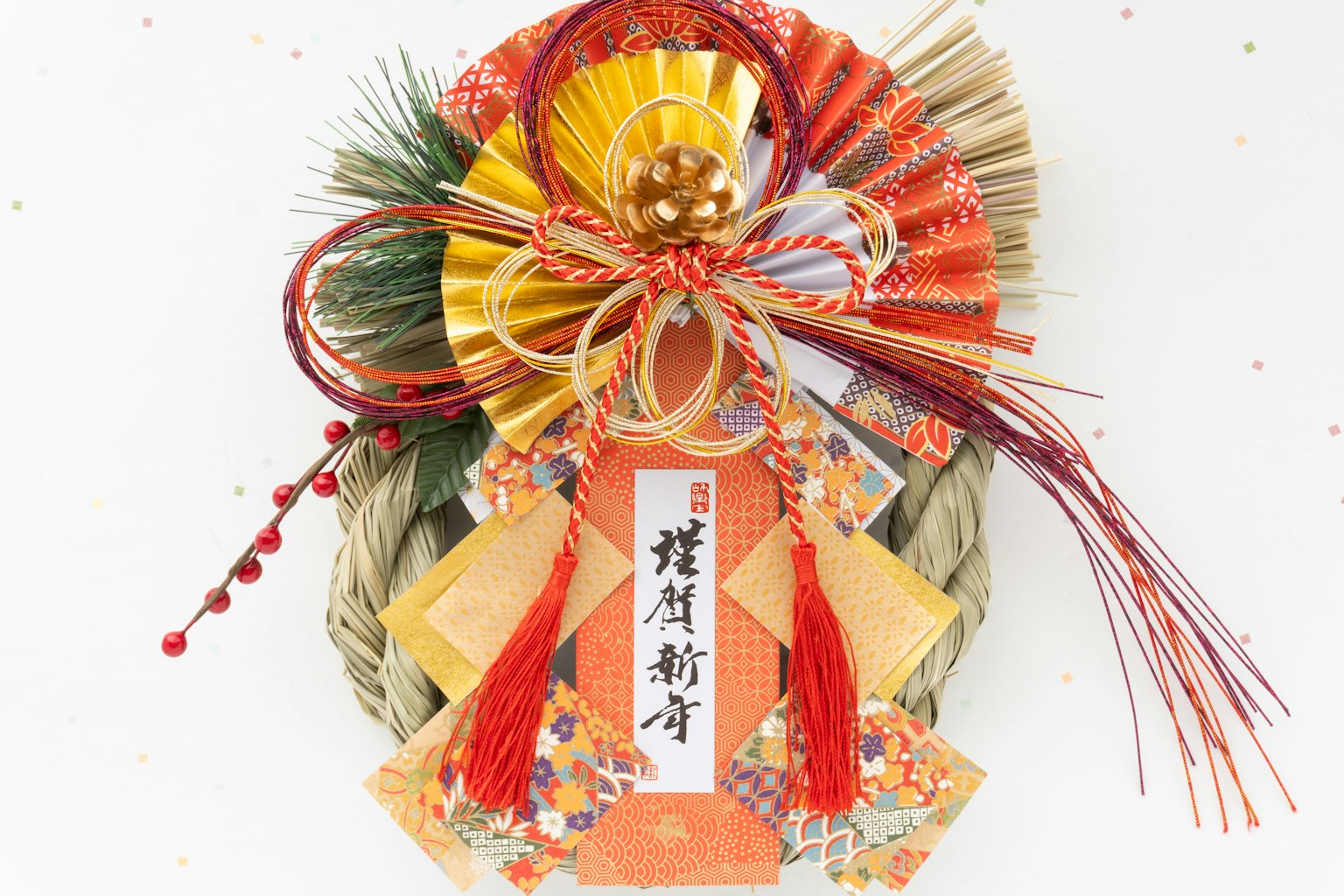 傳統日本新年裝飾，特色是注連繩和色彩繽紛的絲帶