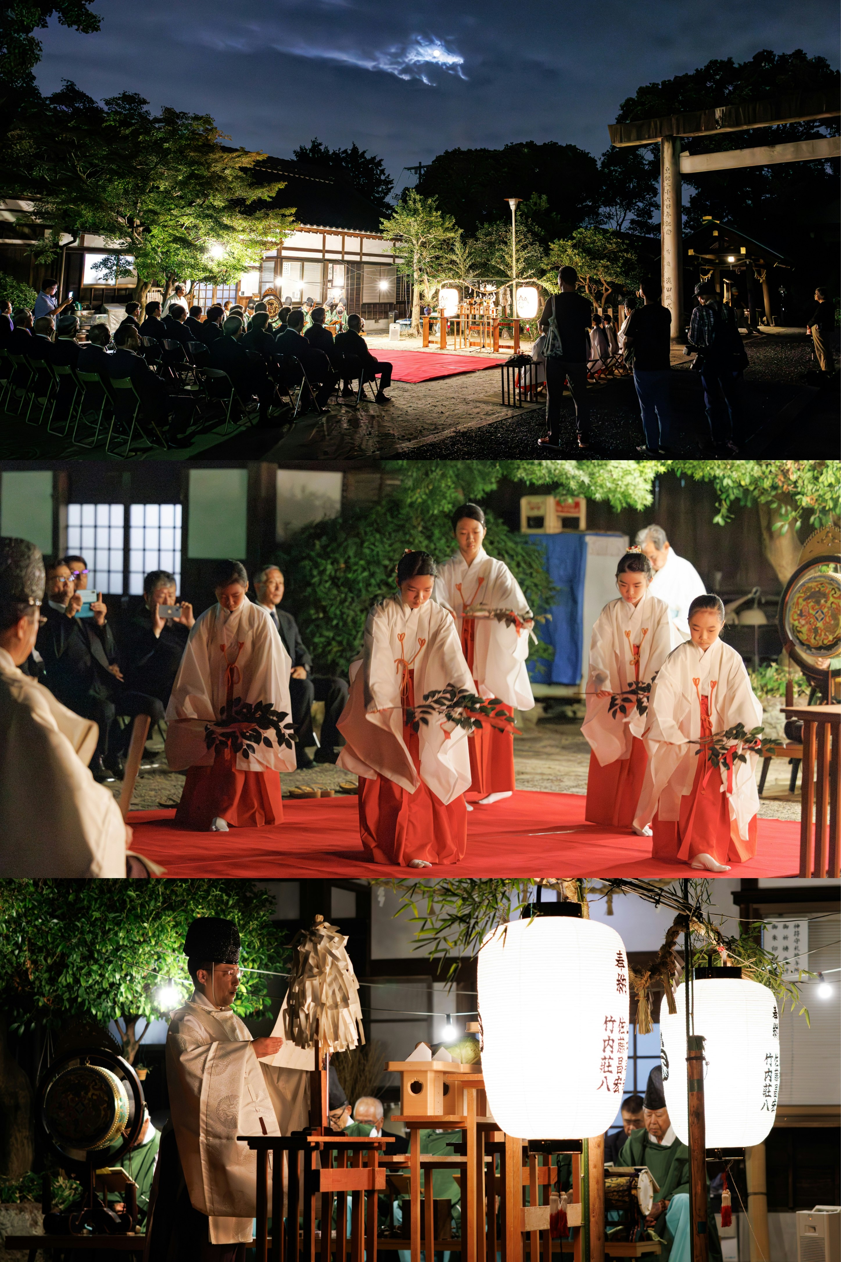 A moon-viewing festival moment in a temple courtyard after shrine maid dance, with people offering prayers under cloudy skies