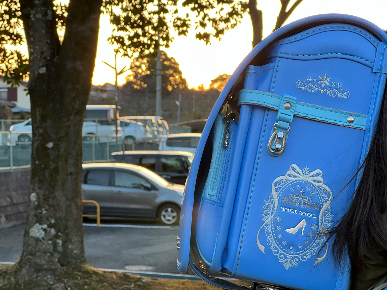 Blauer Rucksack mit weißem dekorativem Design und Schuhmotiv vor einem Sonnenuntergang