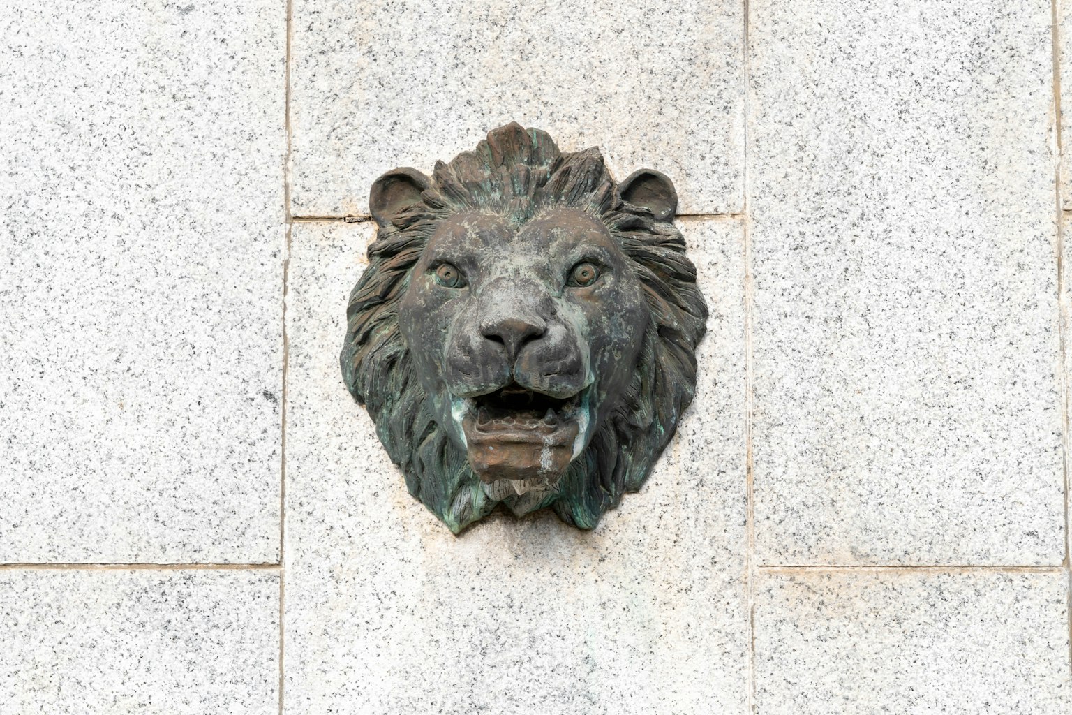 Sculpture de tête de lion fixée à un mur en pierre
