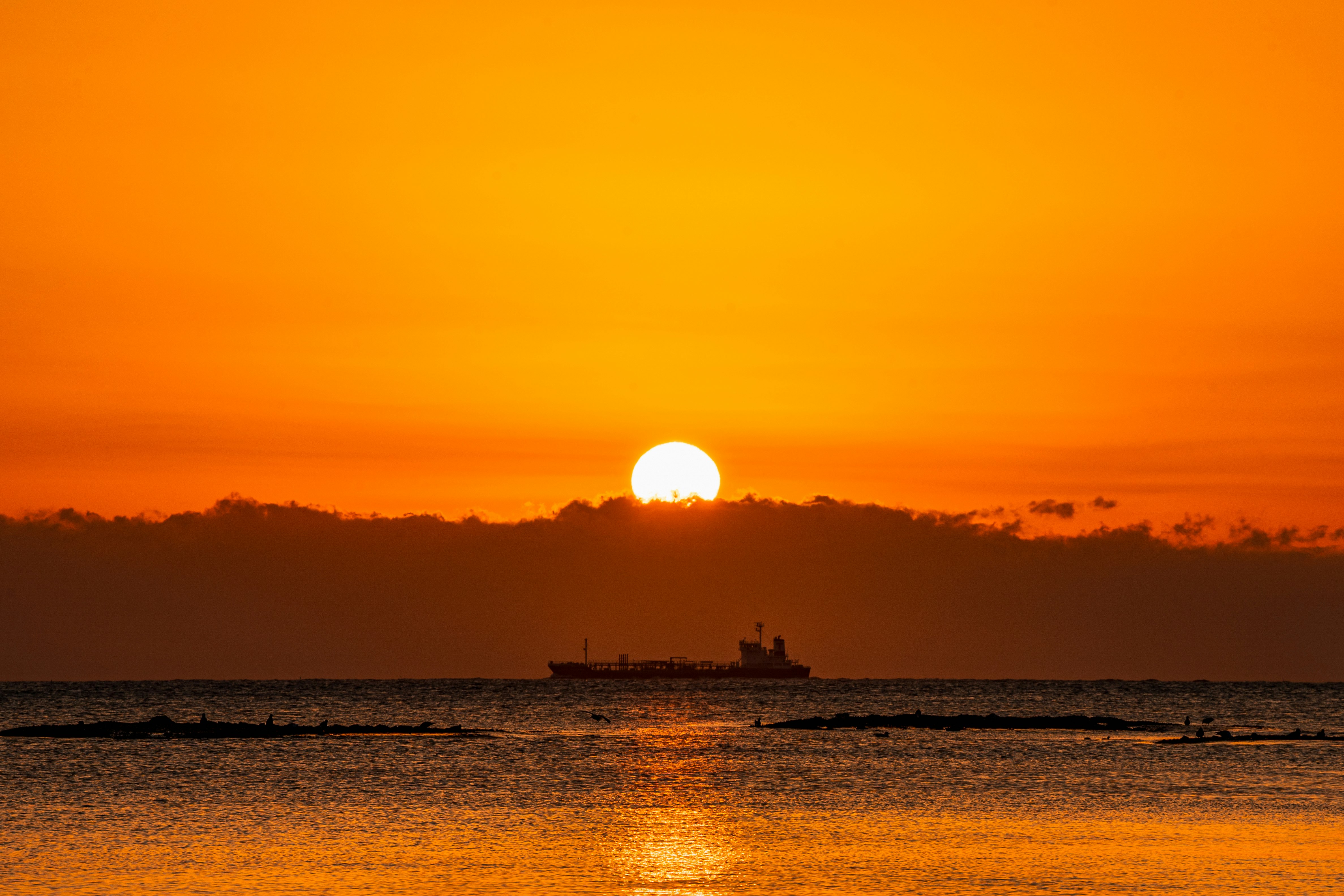夕陽映照的海邊地平線與寧靜海灣景