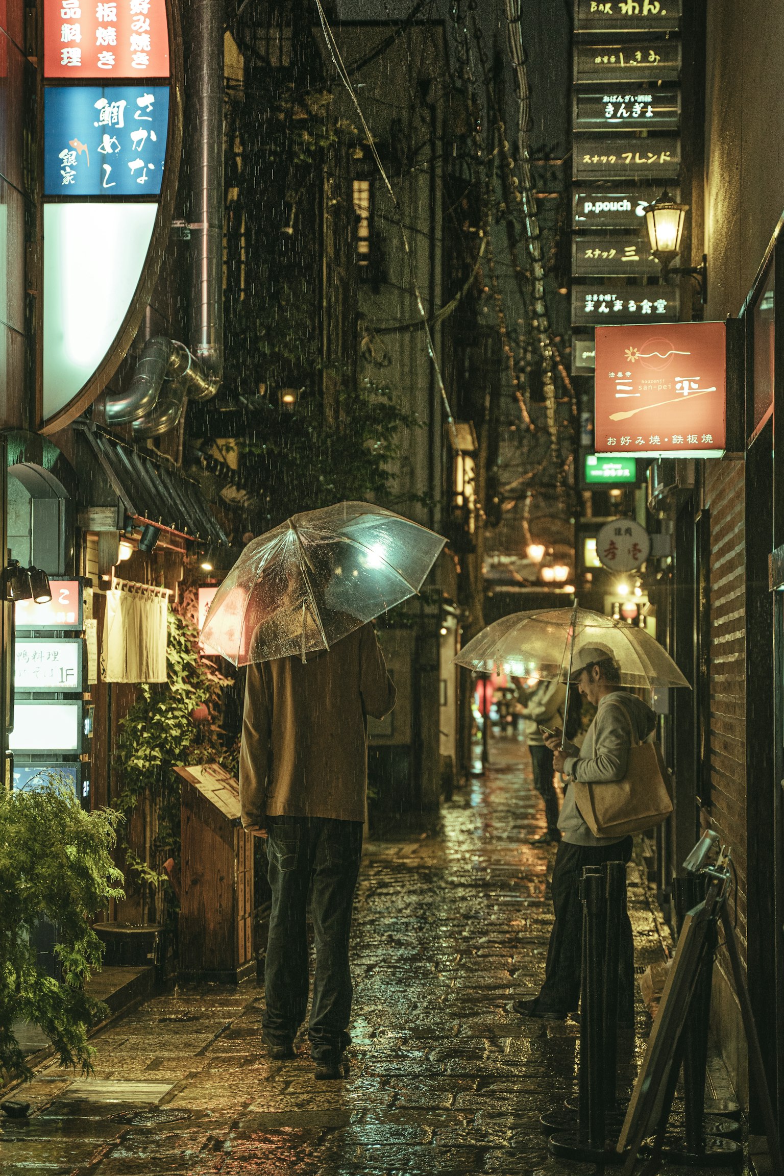 People with umbrellas in a narrow alley during rain with shop signs