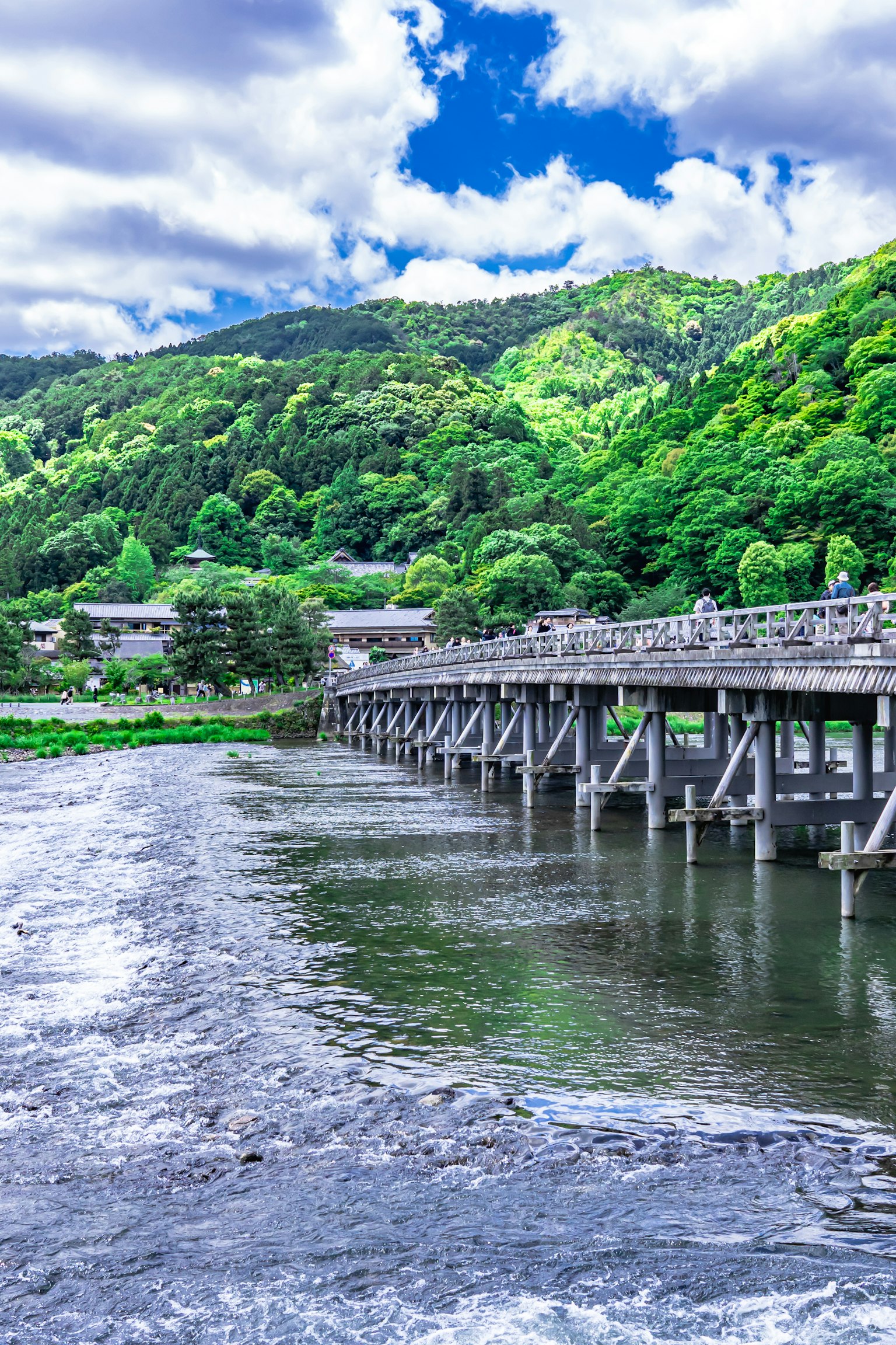 Vista panoramica di un ponte in legno su un fiume circondato da montagne verdi