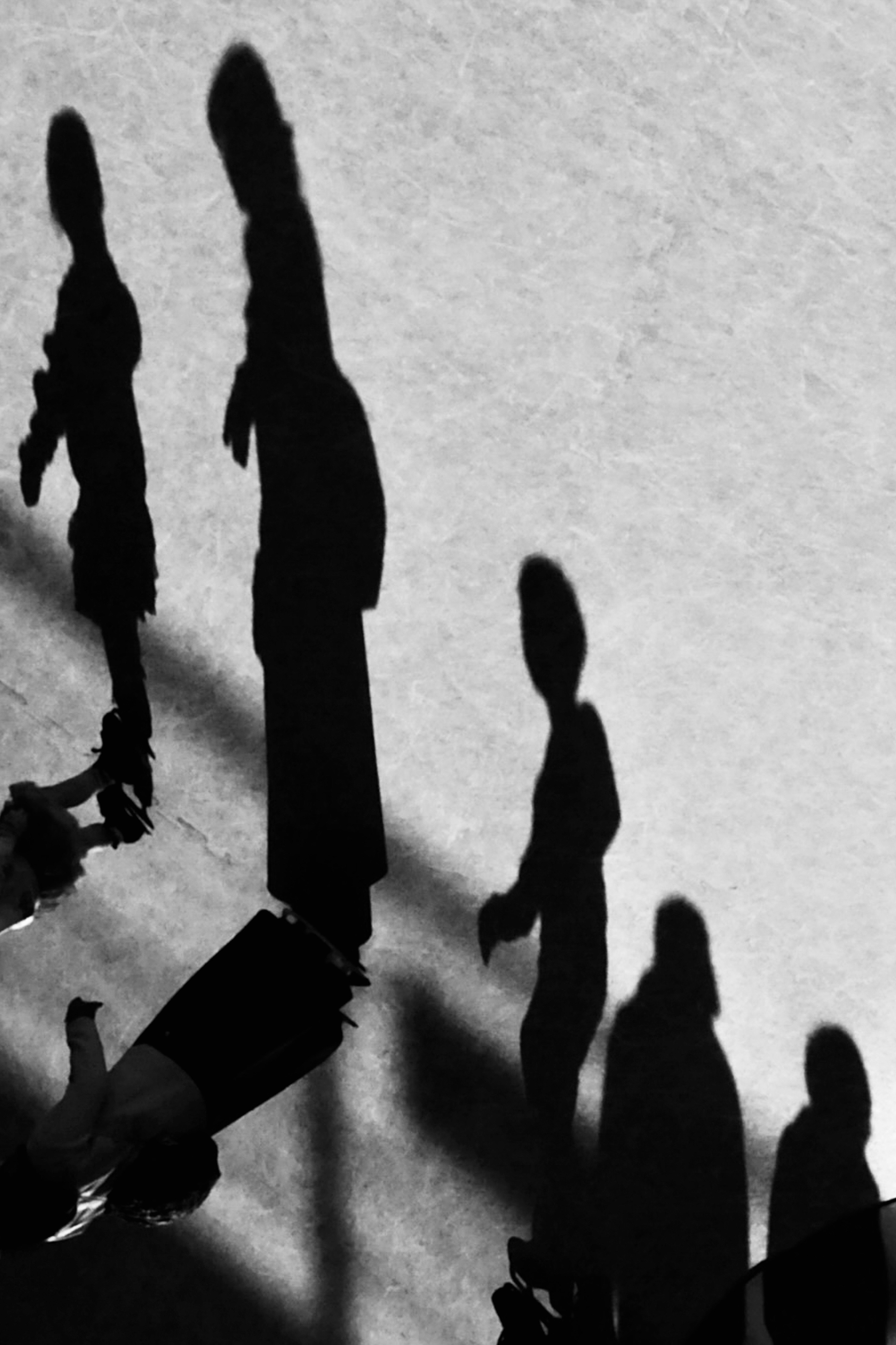 Monochrome silhouettes of people with long shadows