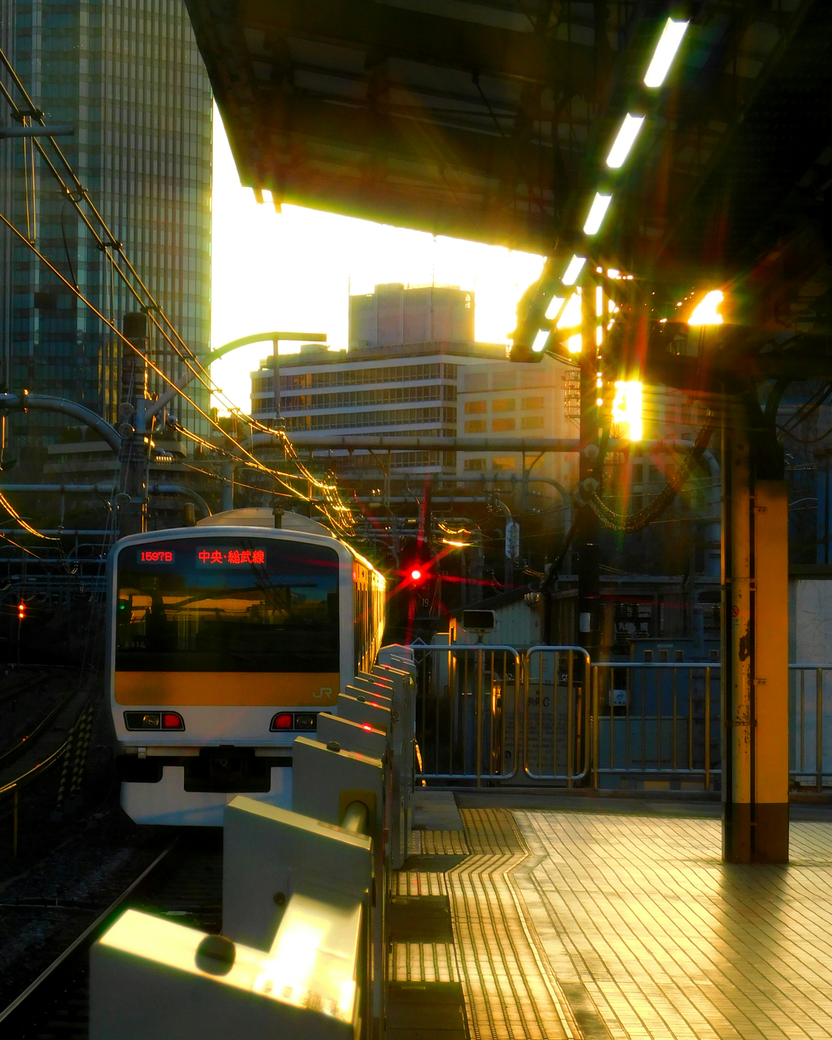 茜色に照らされた高架下の電車とホームの風景