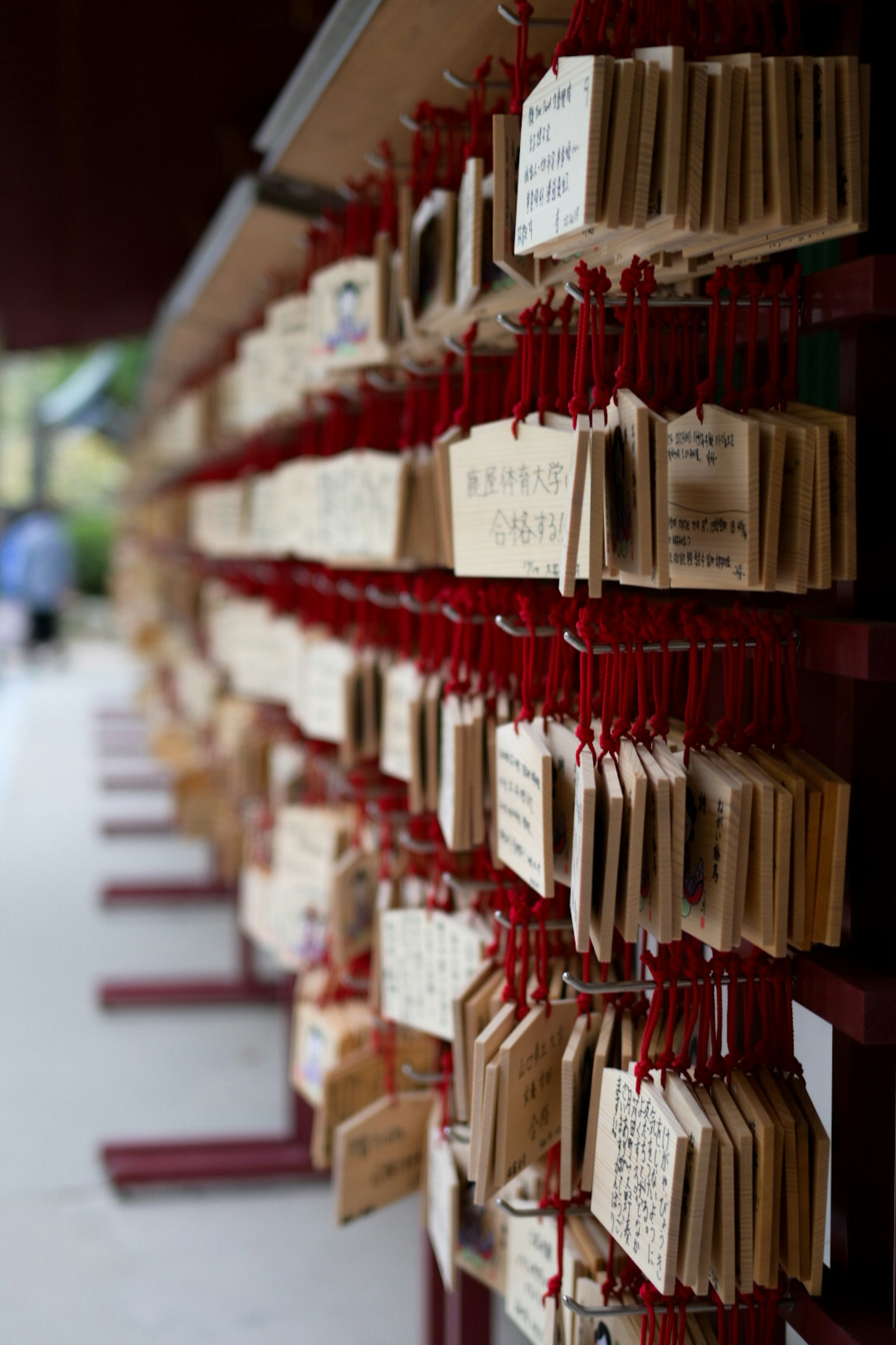 붉은 끈에 매달린 나무 에마가 있는 신사 풍경