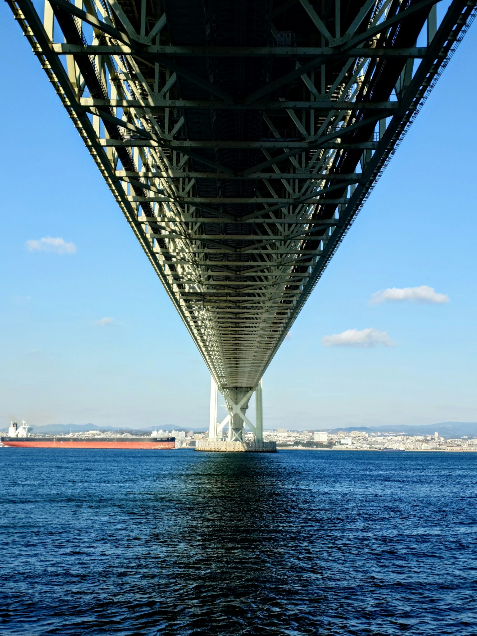 橋の下から見上げた構造物の写真 青空と水面が広がる