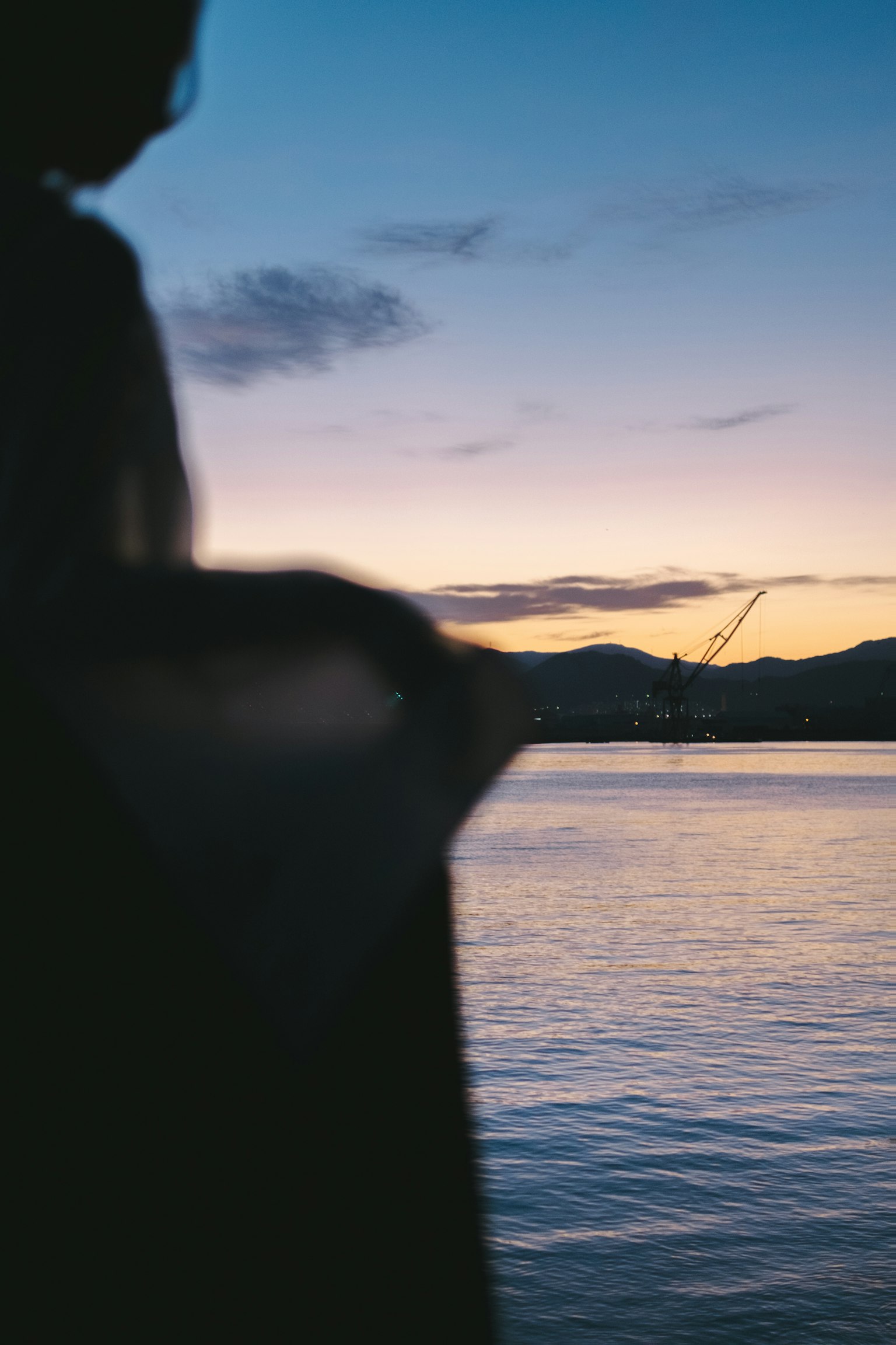 Silhouette di una persona contro un tramonto sul mare con bellissime tonalità di colore