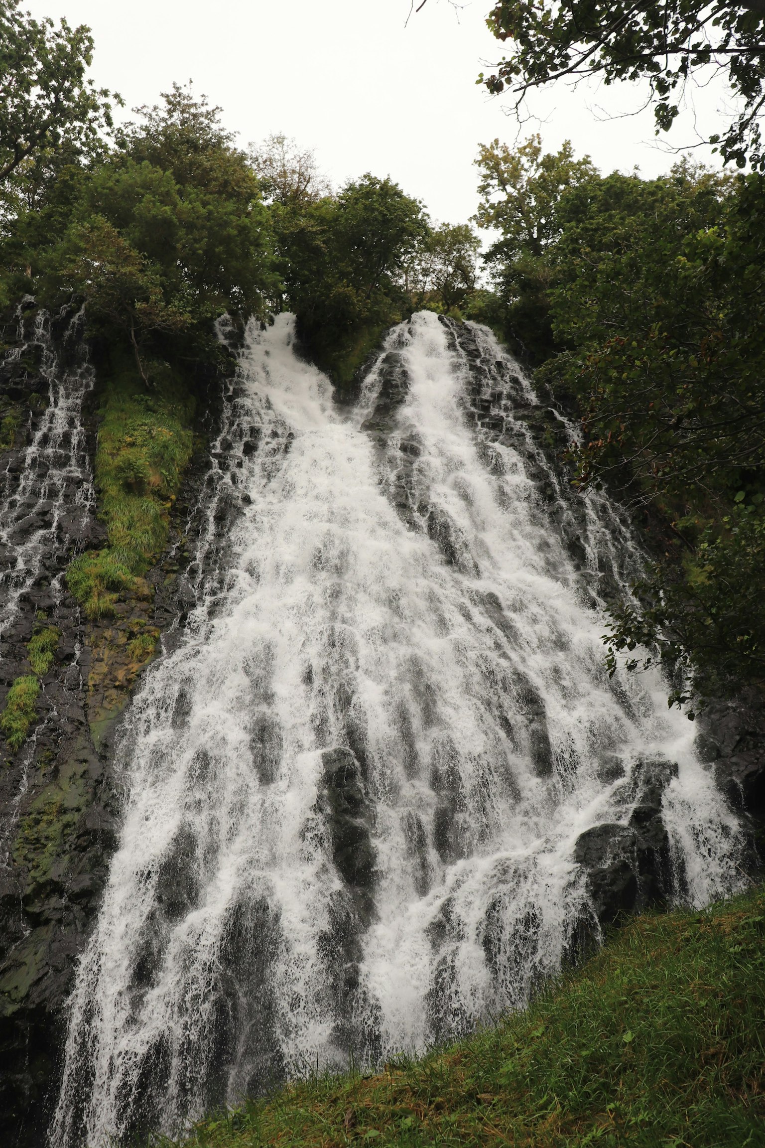 Hermosa cascada que cae en un entorno verde