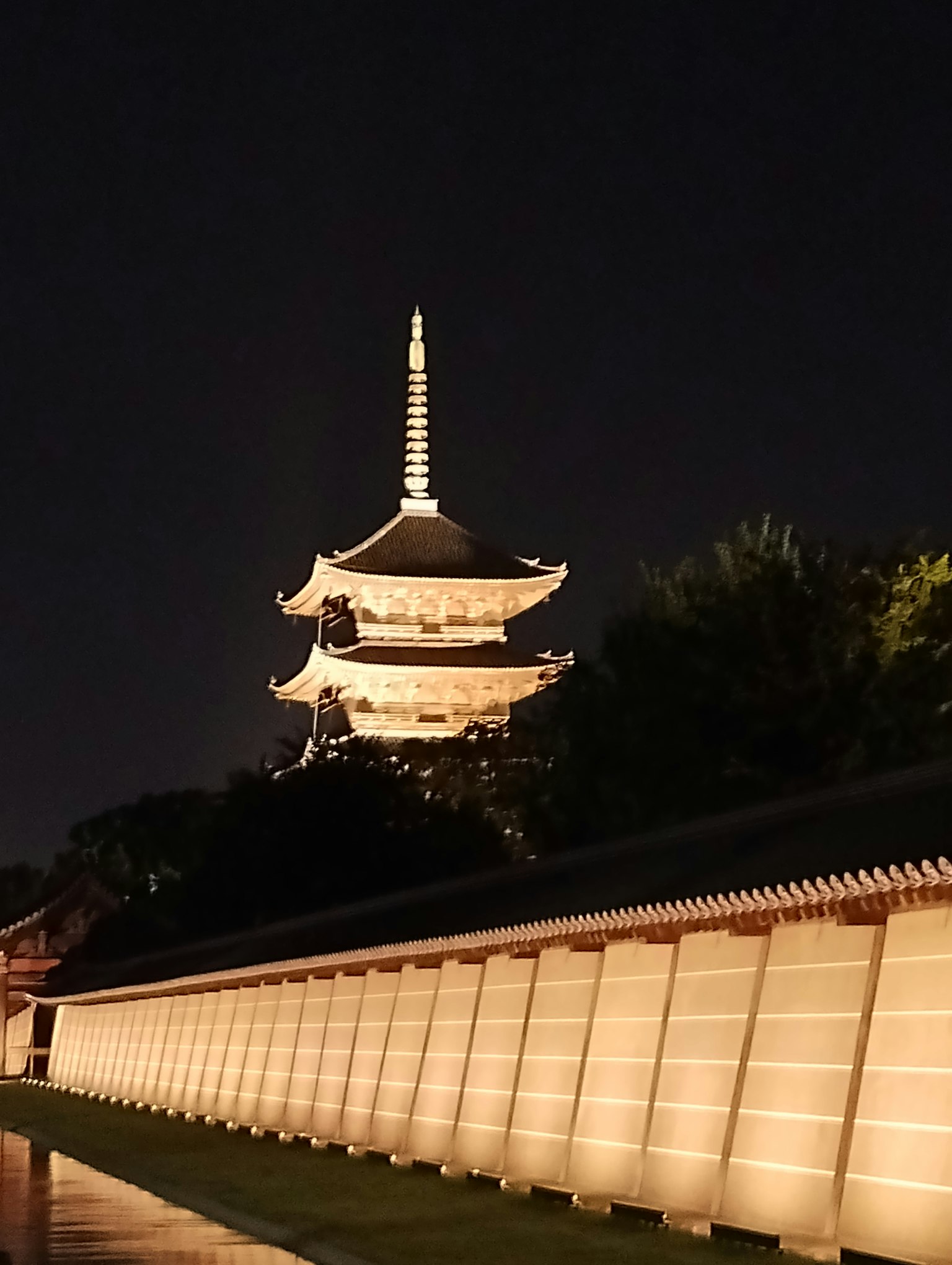 Illuminated pagoda of a temple in Kyoto at night