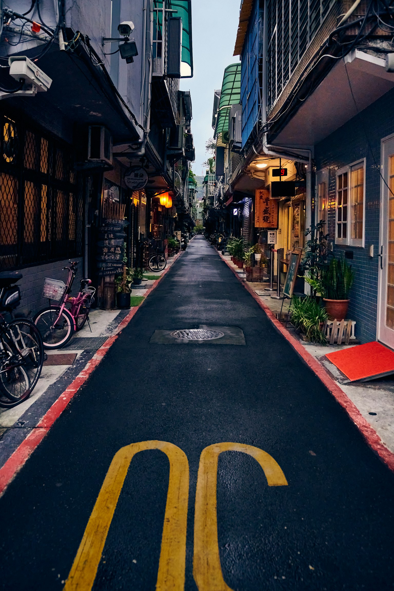 狹窄的小巷，旁邊是商店和自行車