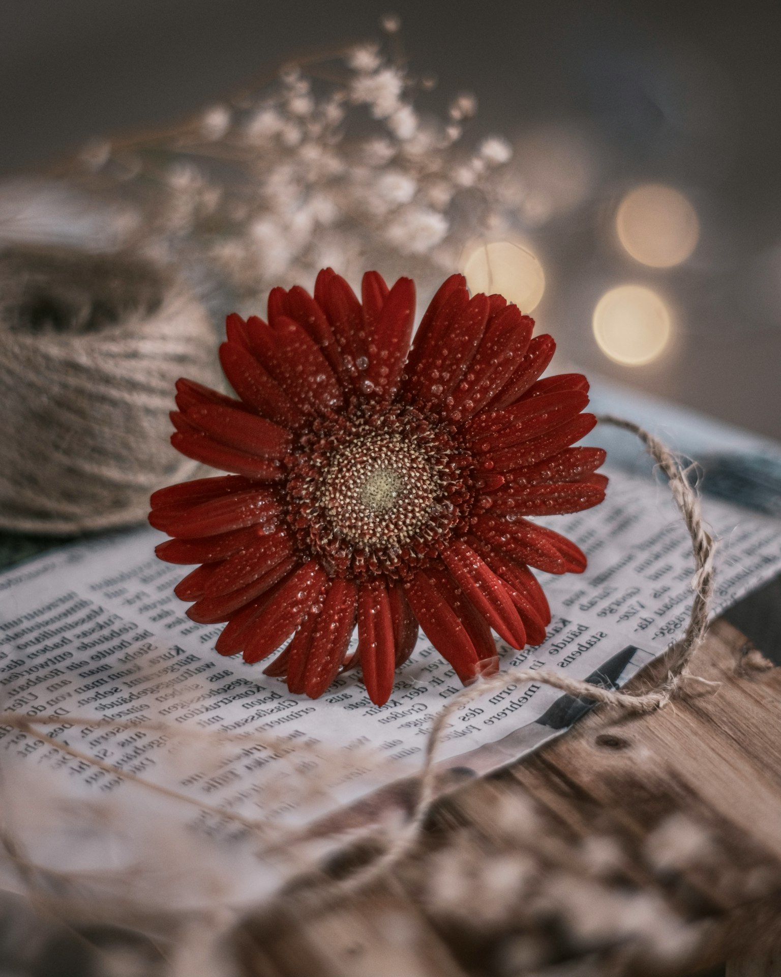 Fleur rouge posée sur un journal avec des éléments décoratifs