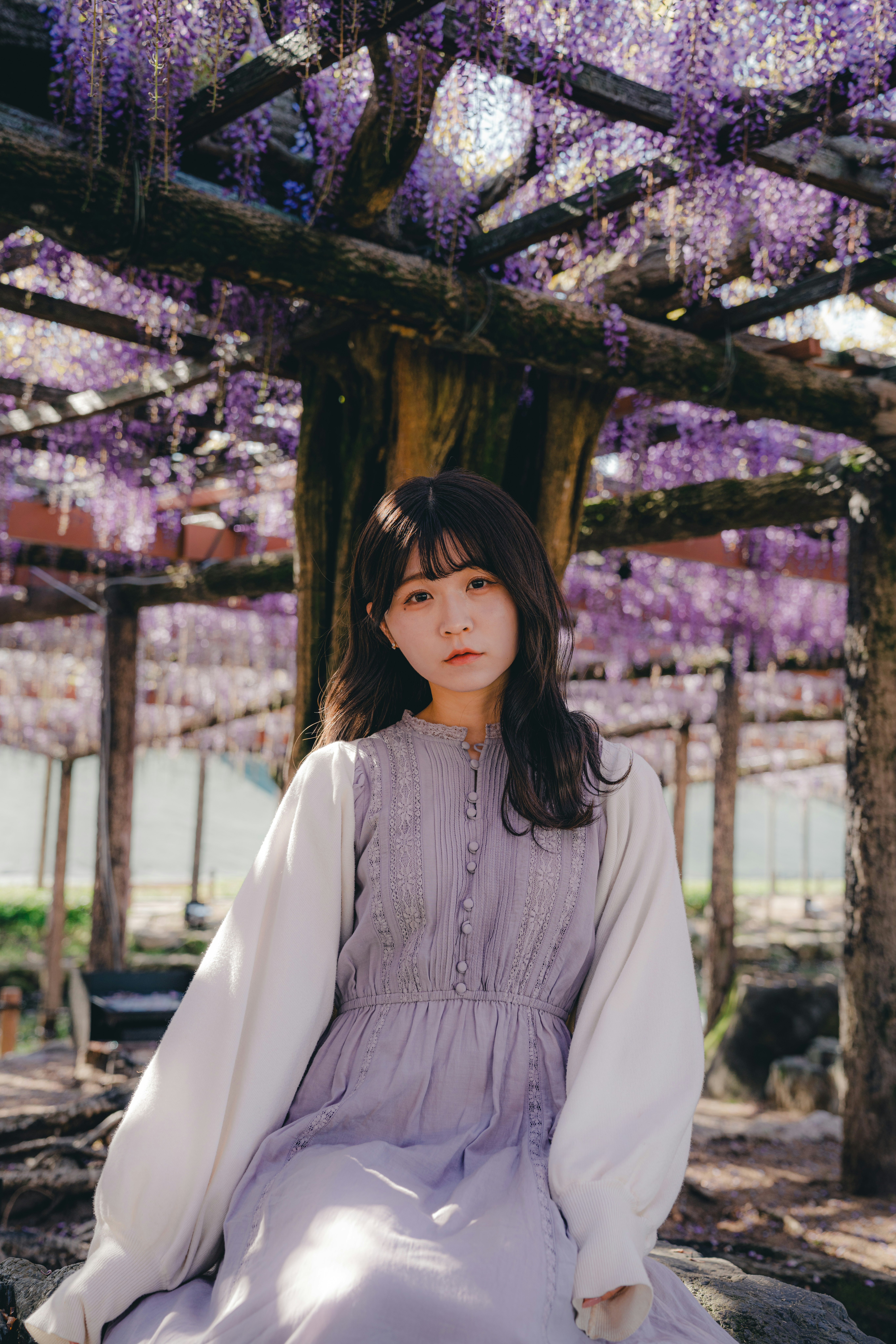 藤の花のアーチの下で微笑む女性