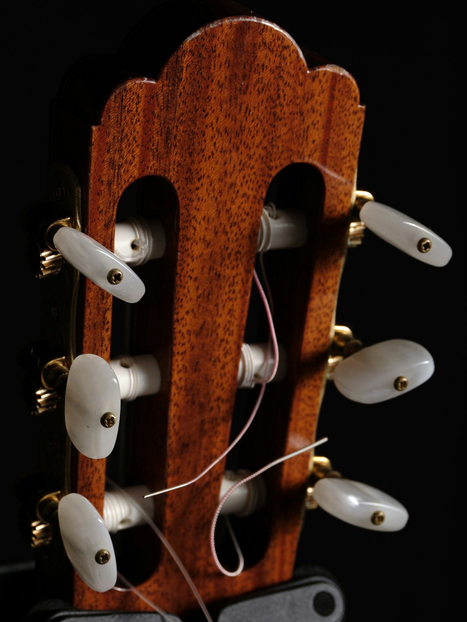 Primer plano de la pala de una guitarra con madera marrón rica y clavijas blancas