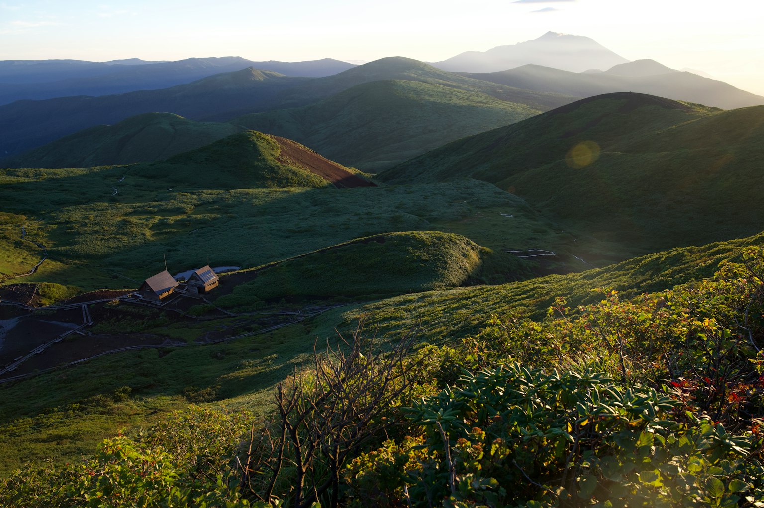 Collines verdoyantes et montagnes lointaines dans un paysage pittoresque