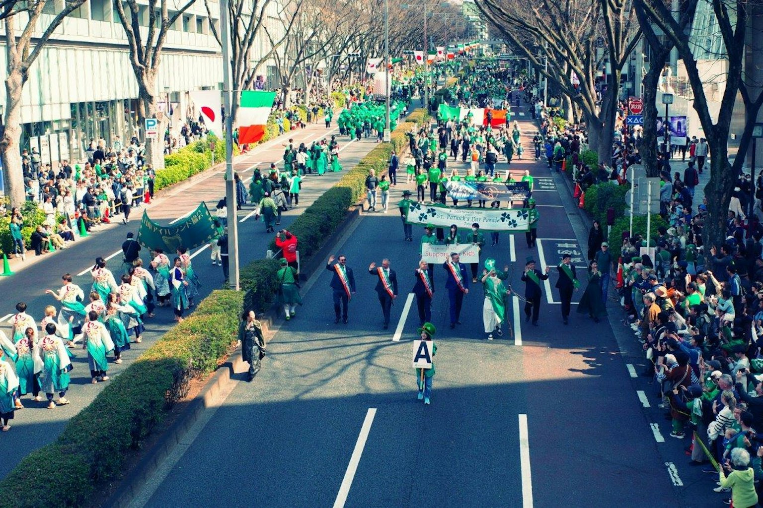 Partecipanti al corteo in costumi verdi che marciano per la strada
