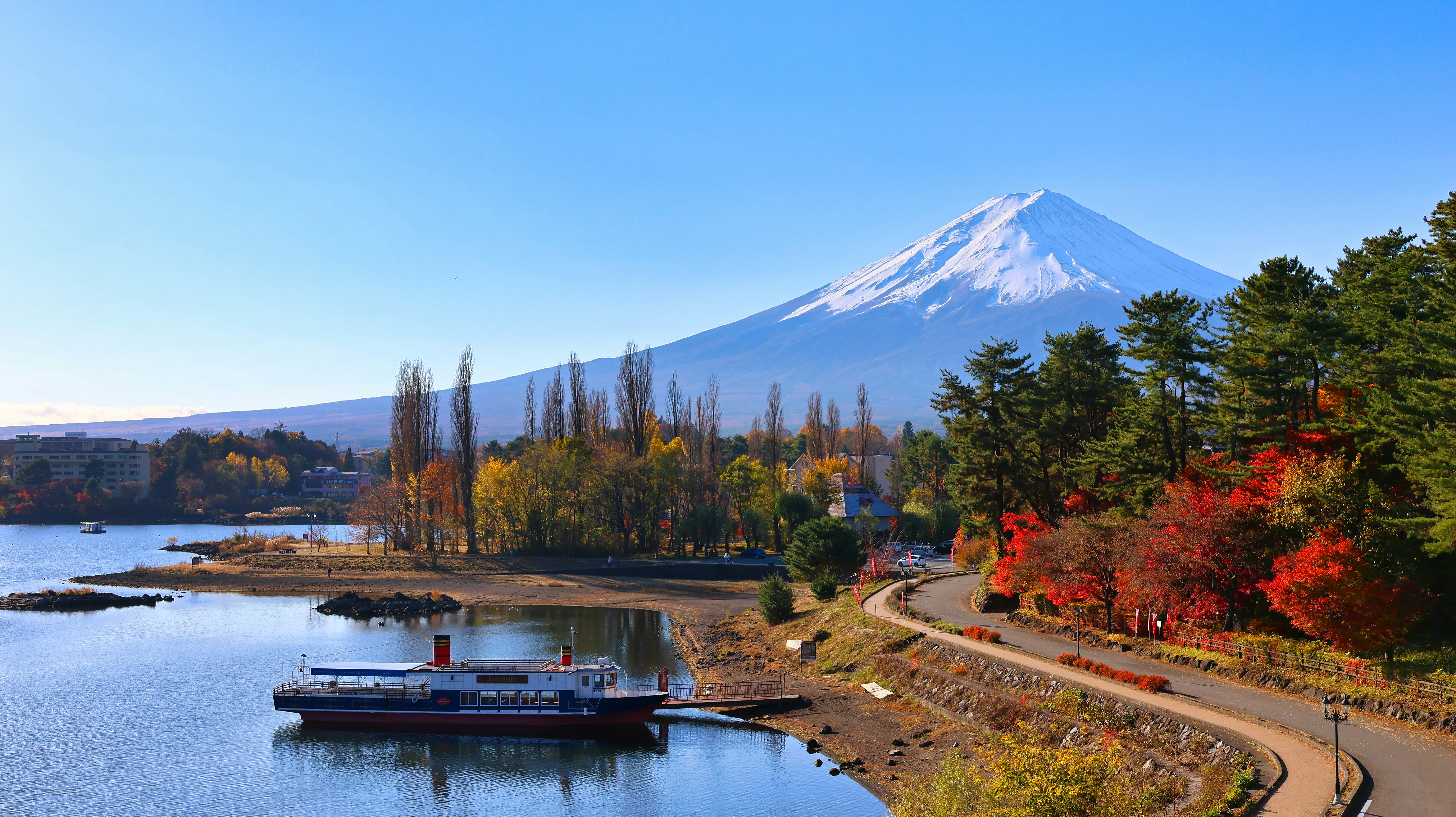 湖畔の遊覧船と紅葉の並木道、遠くに富士山