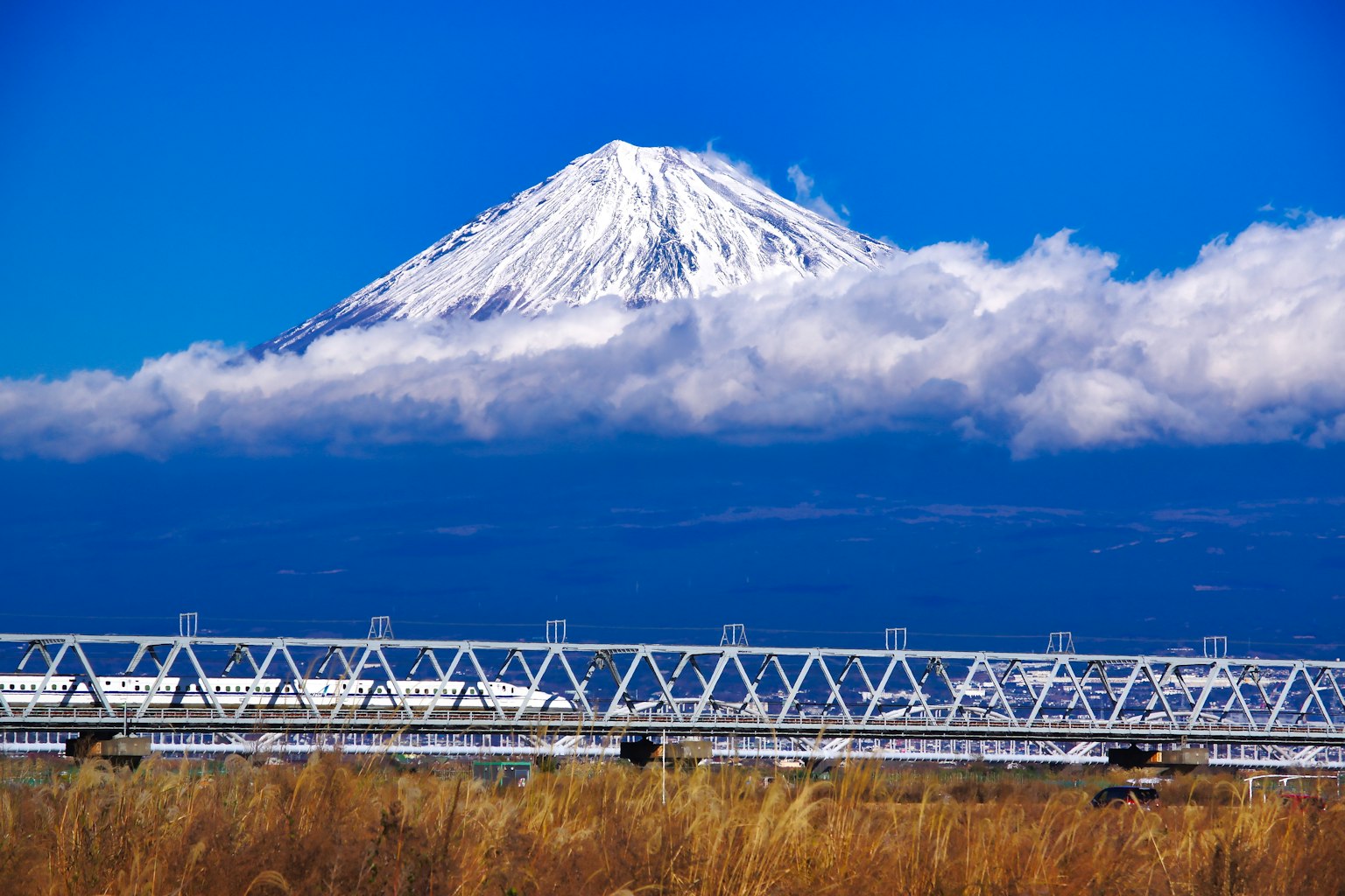 Vista panoramica del monte Fuji sotto un cielo azzurro