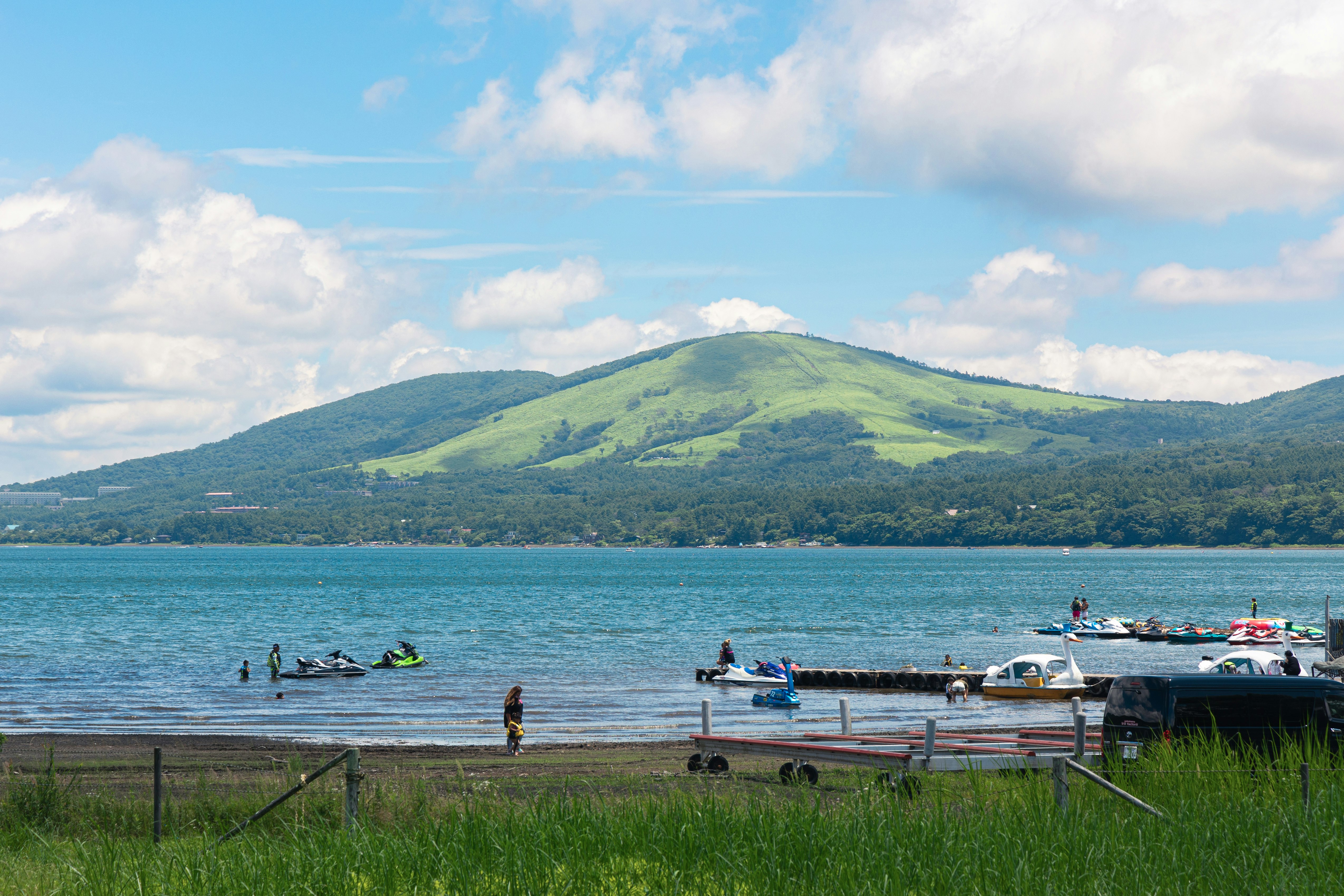 rivage herbeux au bord d’un lac avec des kayaks sur l’eau