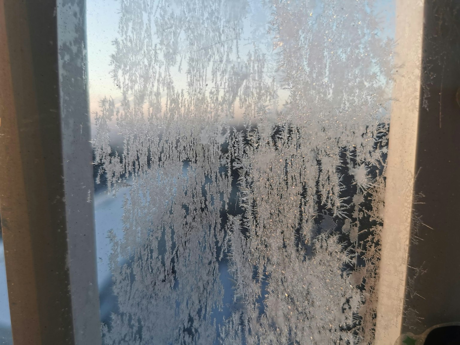 Frosted window view with intricate ice crystals on the glass