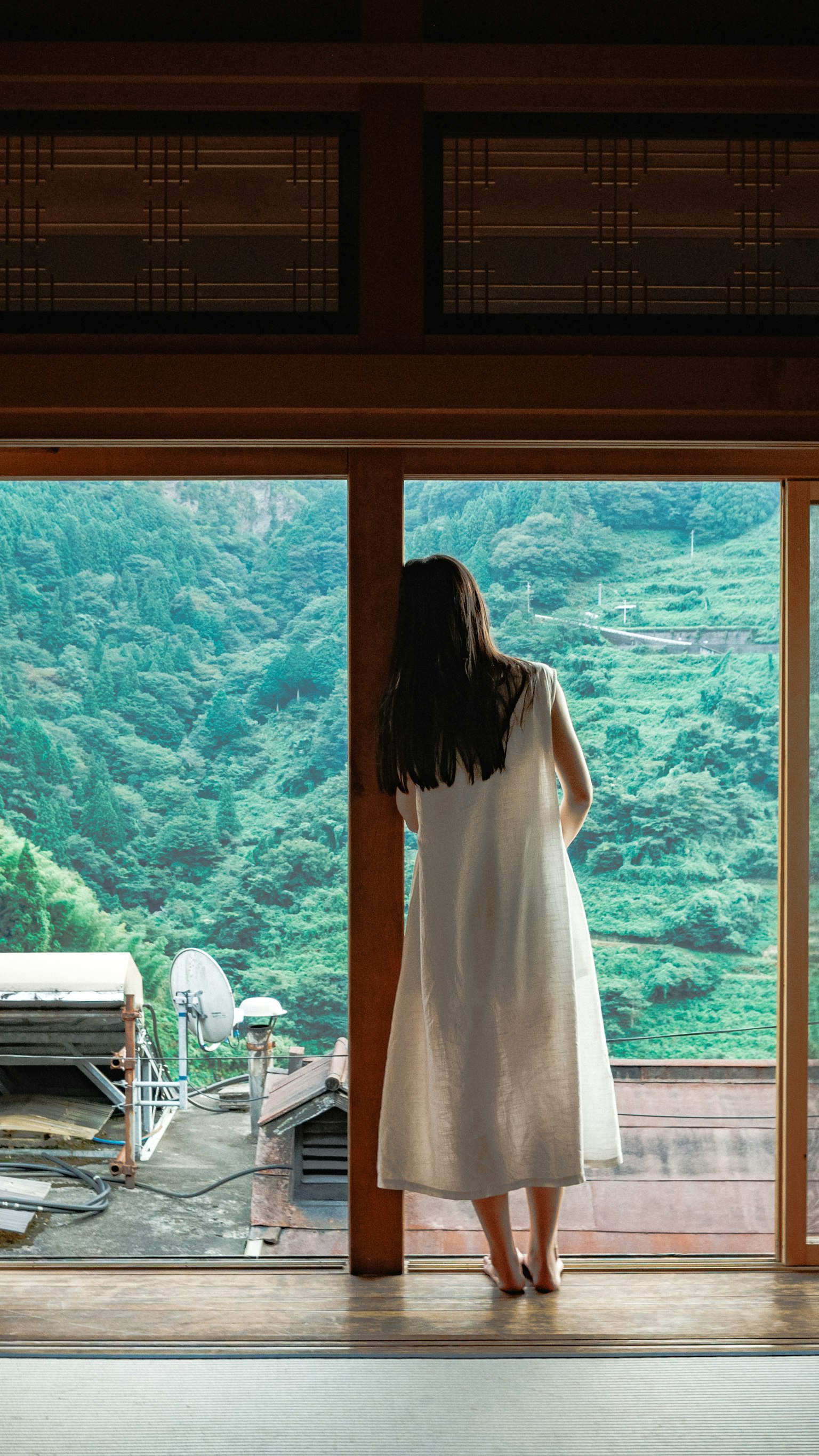 一名女性站在窗前，望向綠色的山脈