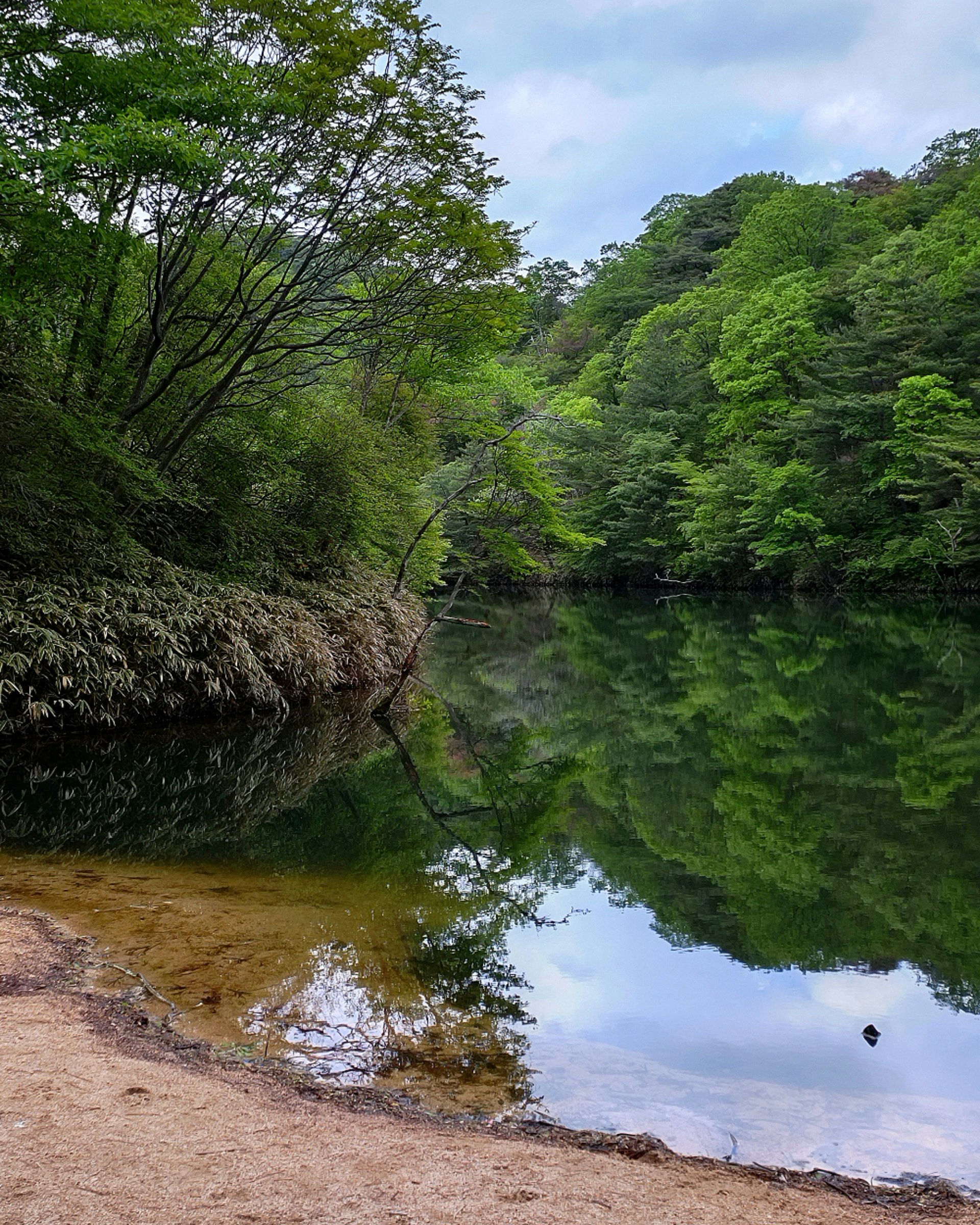日本神户灘区六甲穂高湖，山与绿意倒映在湖面上的风景