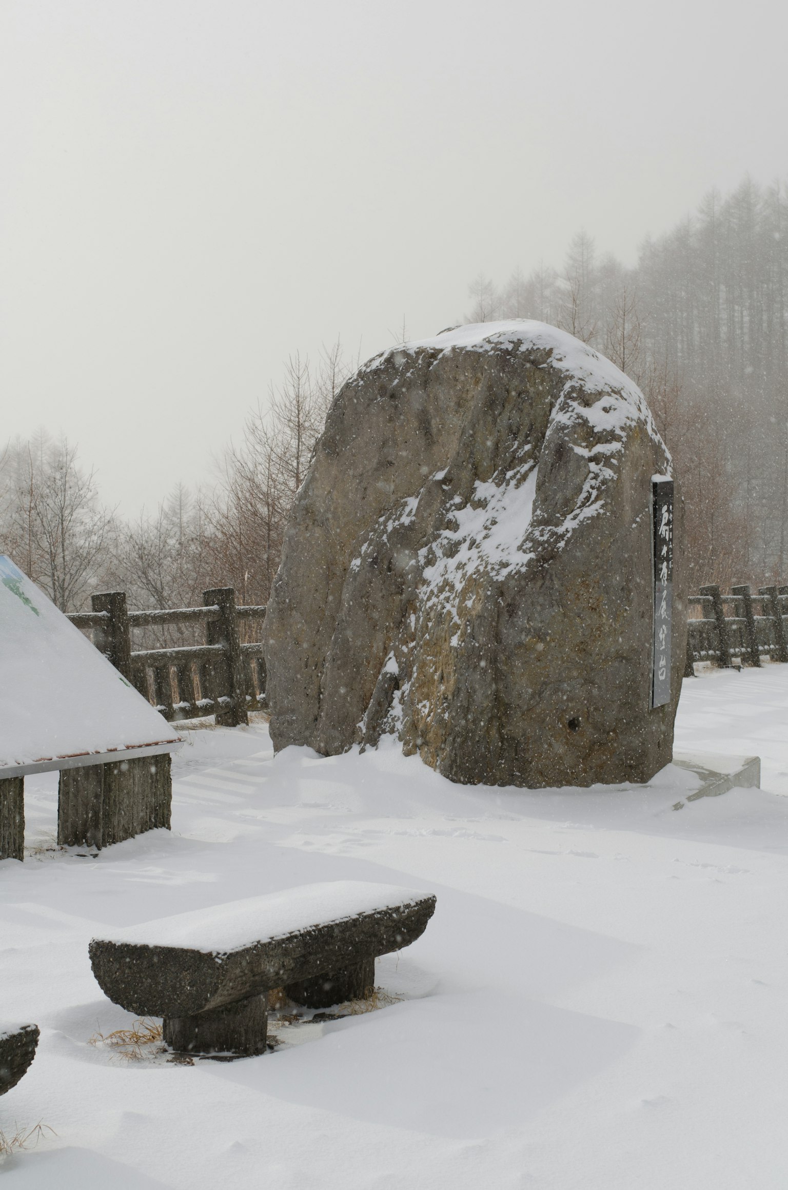 Großer, mit Schnee bedeckter Felsen mit umliegender Landschaft