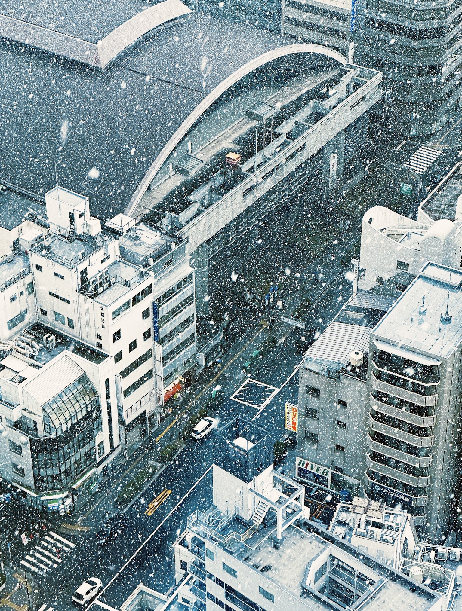 Vista aérea de una escena callejera nevada en Tokio