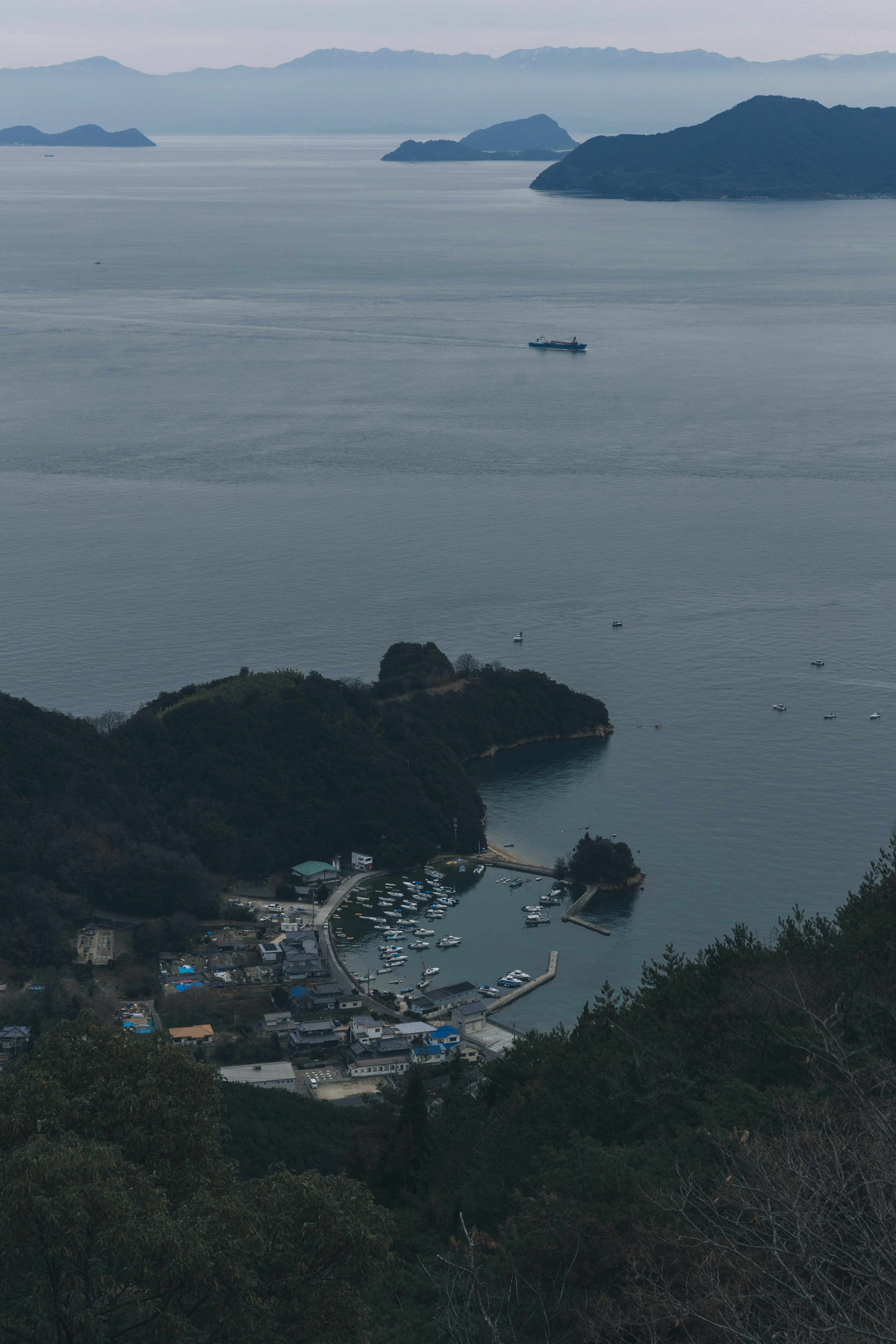 小海濱小鎮的風景，港口被山脈和寧靜的水域環繞