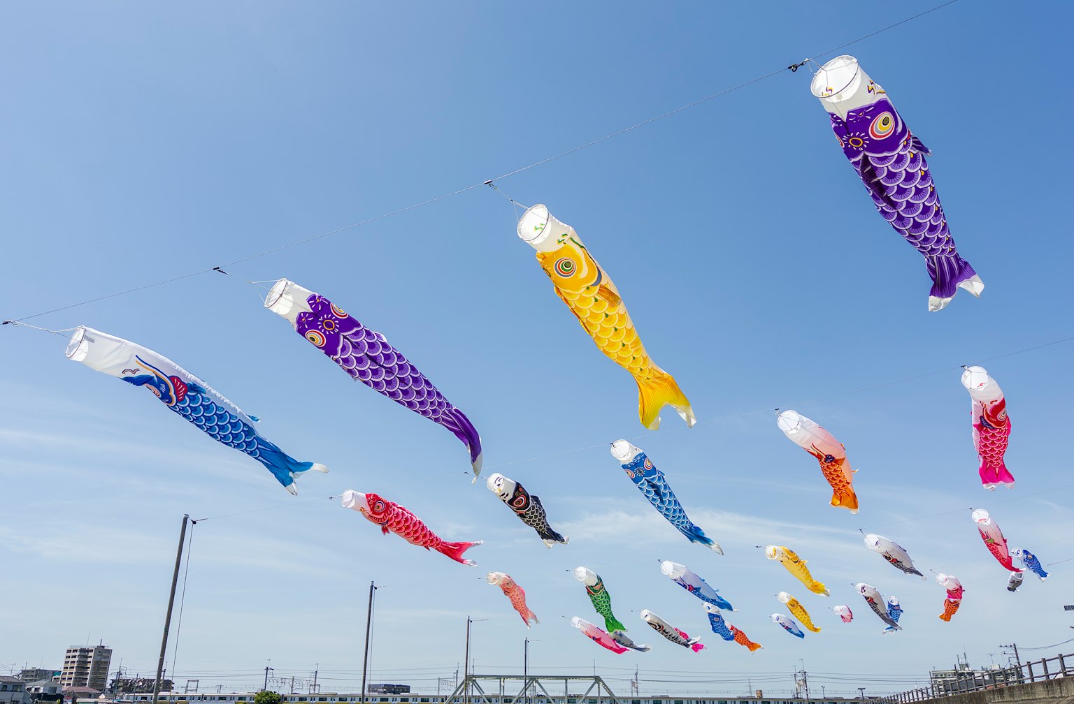 Bunte Koinobori, die im blauen Himmel fliegen