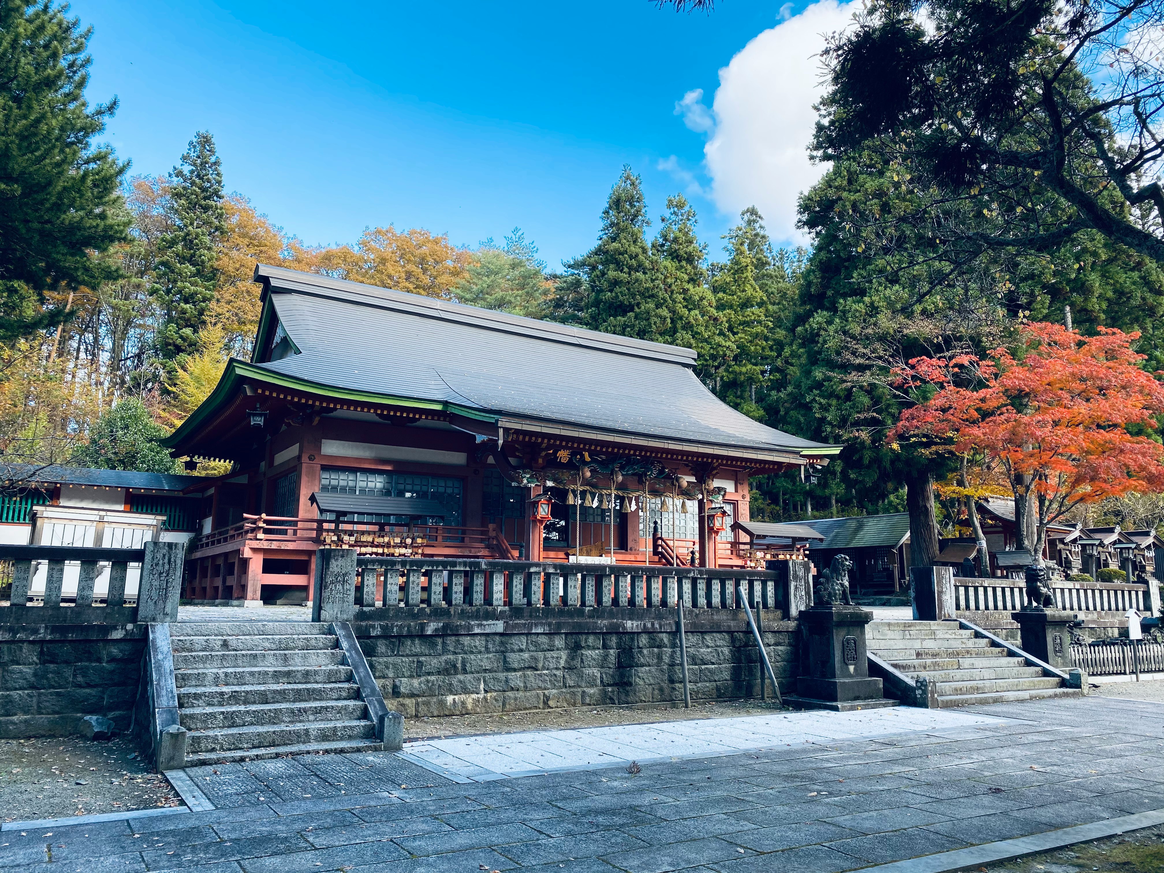 石段のある神社の拝殿と朱色の鳥居